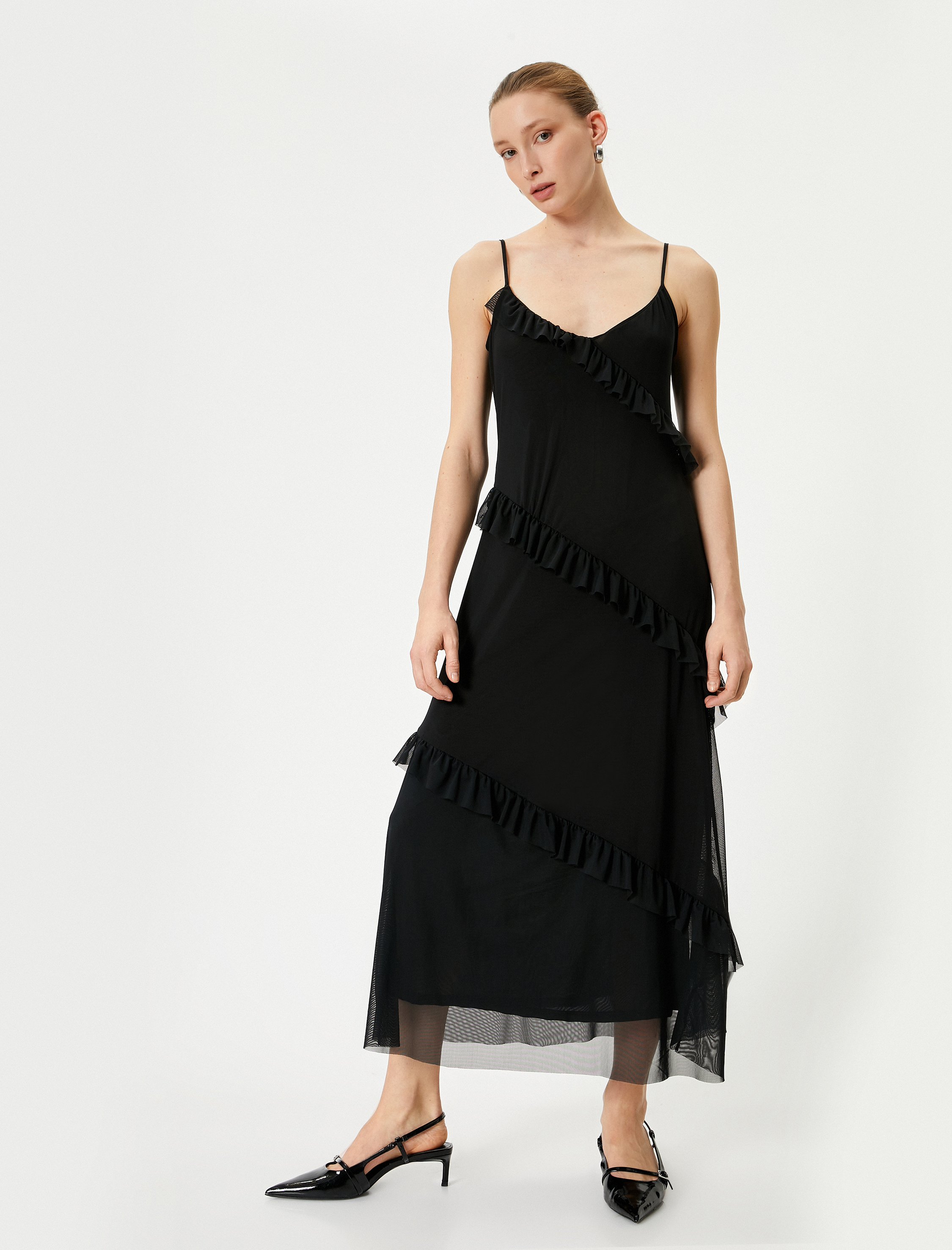   Uzun Tül Elbise Fırfırlı Askılı