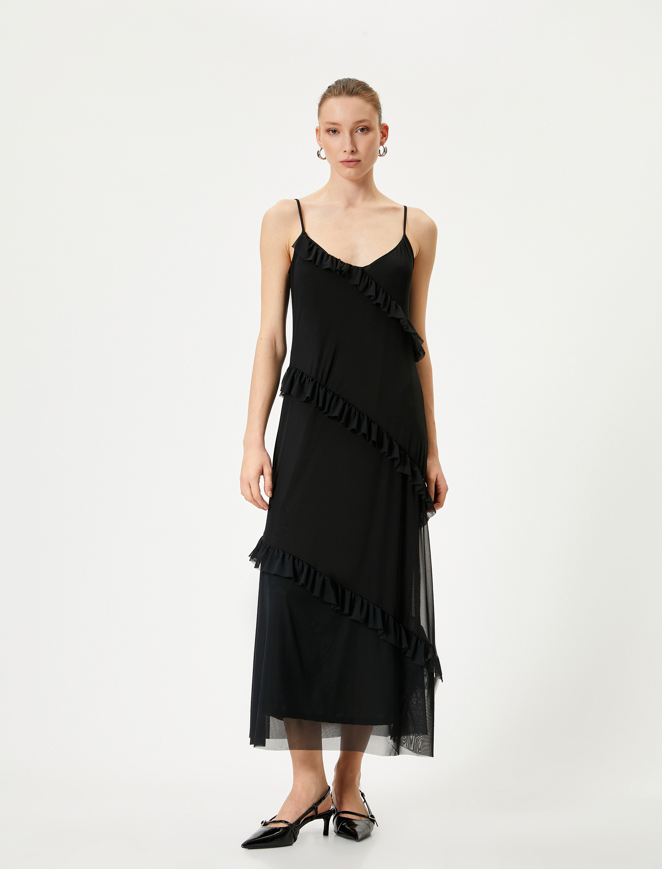   Uzun Tül Elbise Fırfırlı Askılı