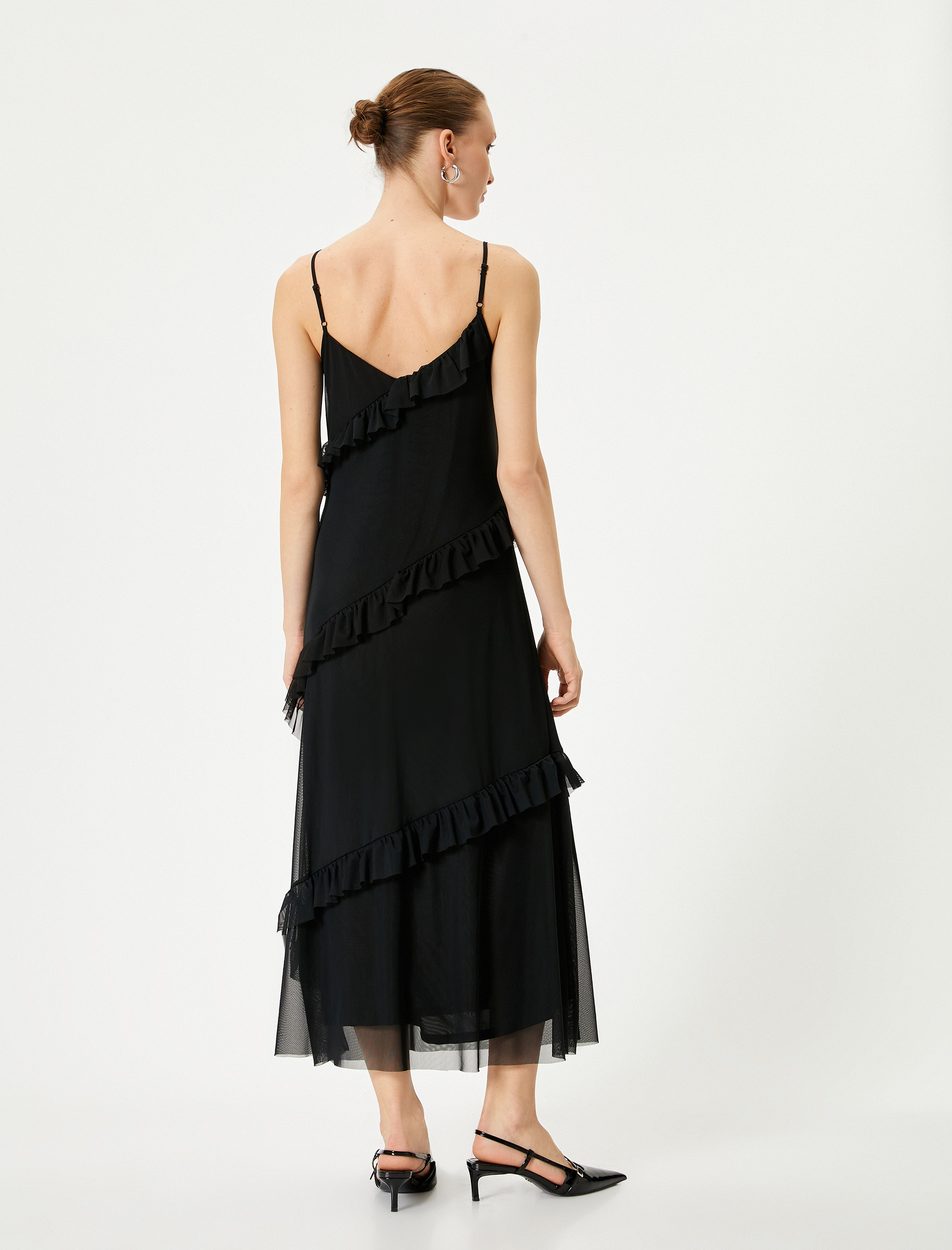   Uzun Tül Elbise Fırfırlı Askılı