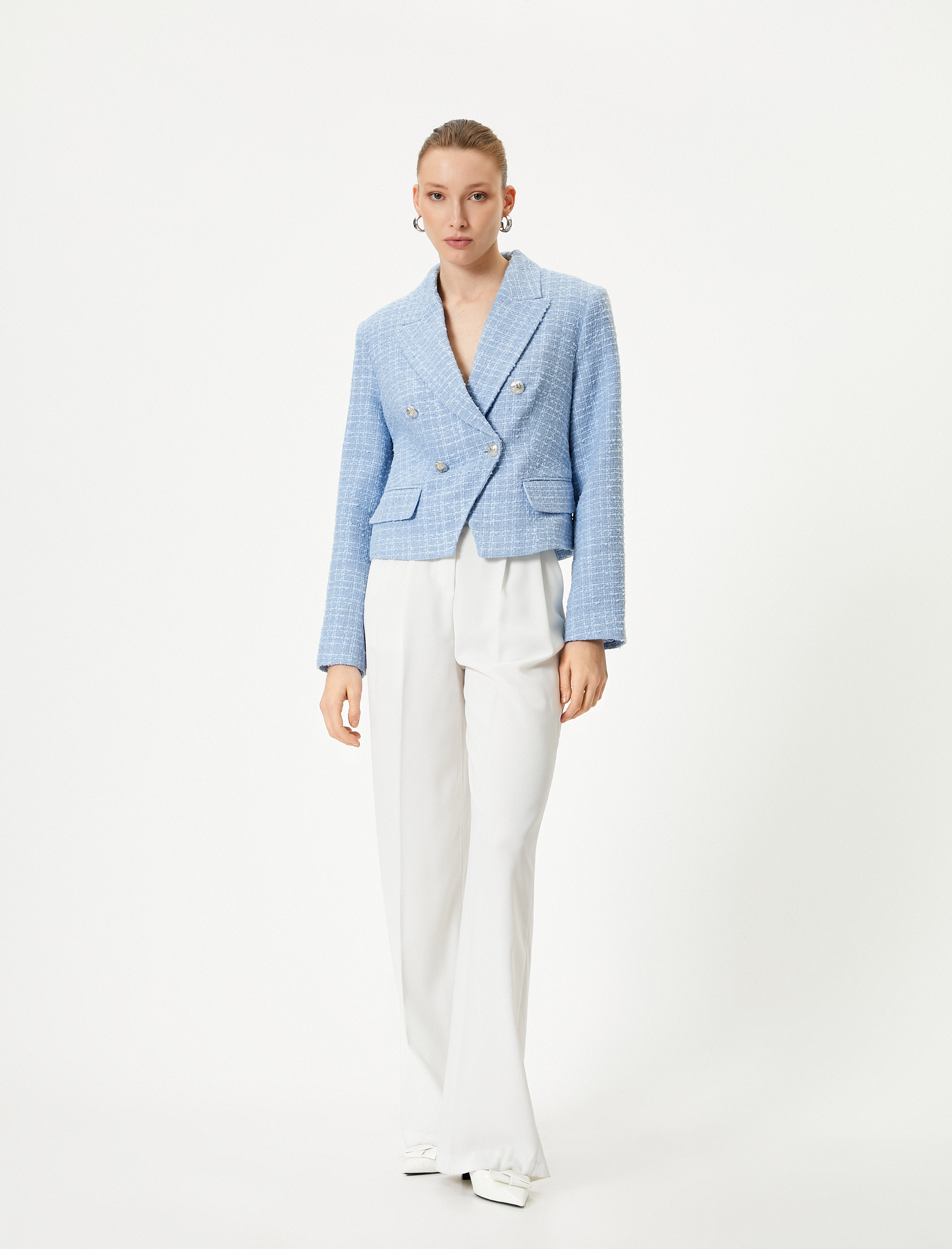   Kısa Tüvit Ceket Kruvaze Düğmeli Kapaklı Cepli