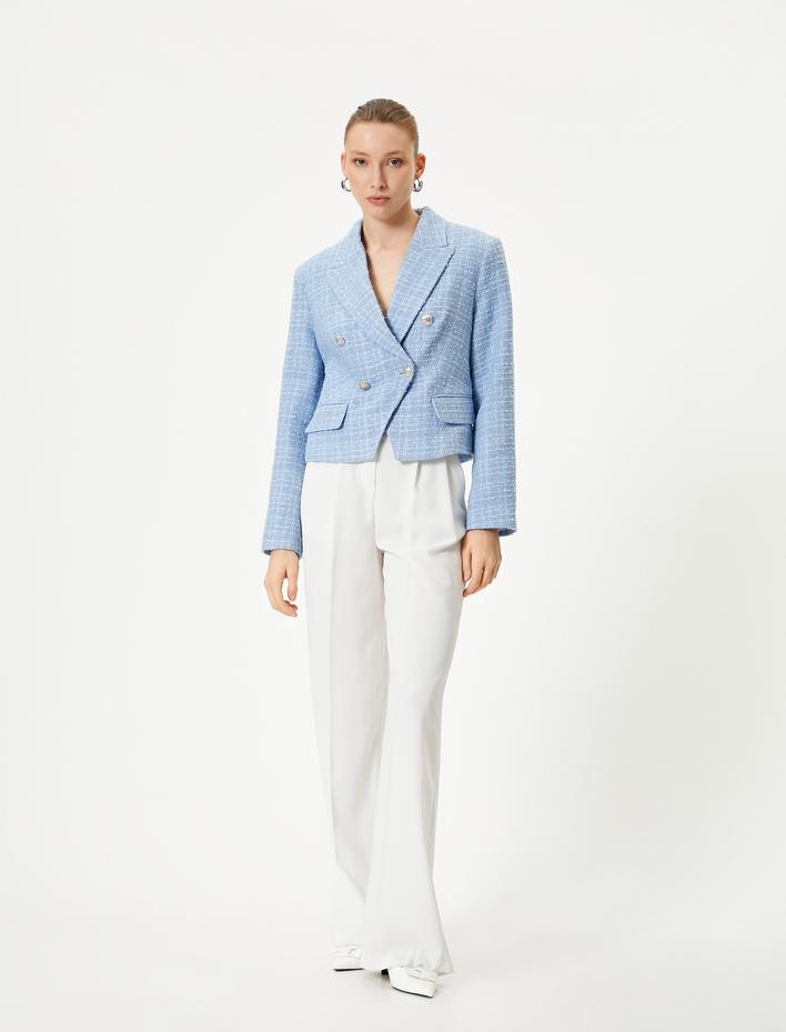  Kısa Tüvit Ceket Kruvaze Düğmeli Kapaklı Cepli