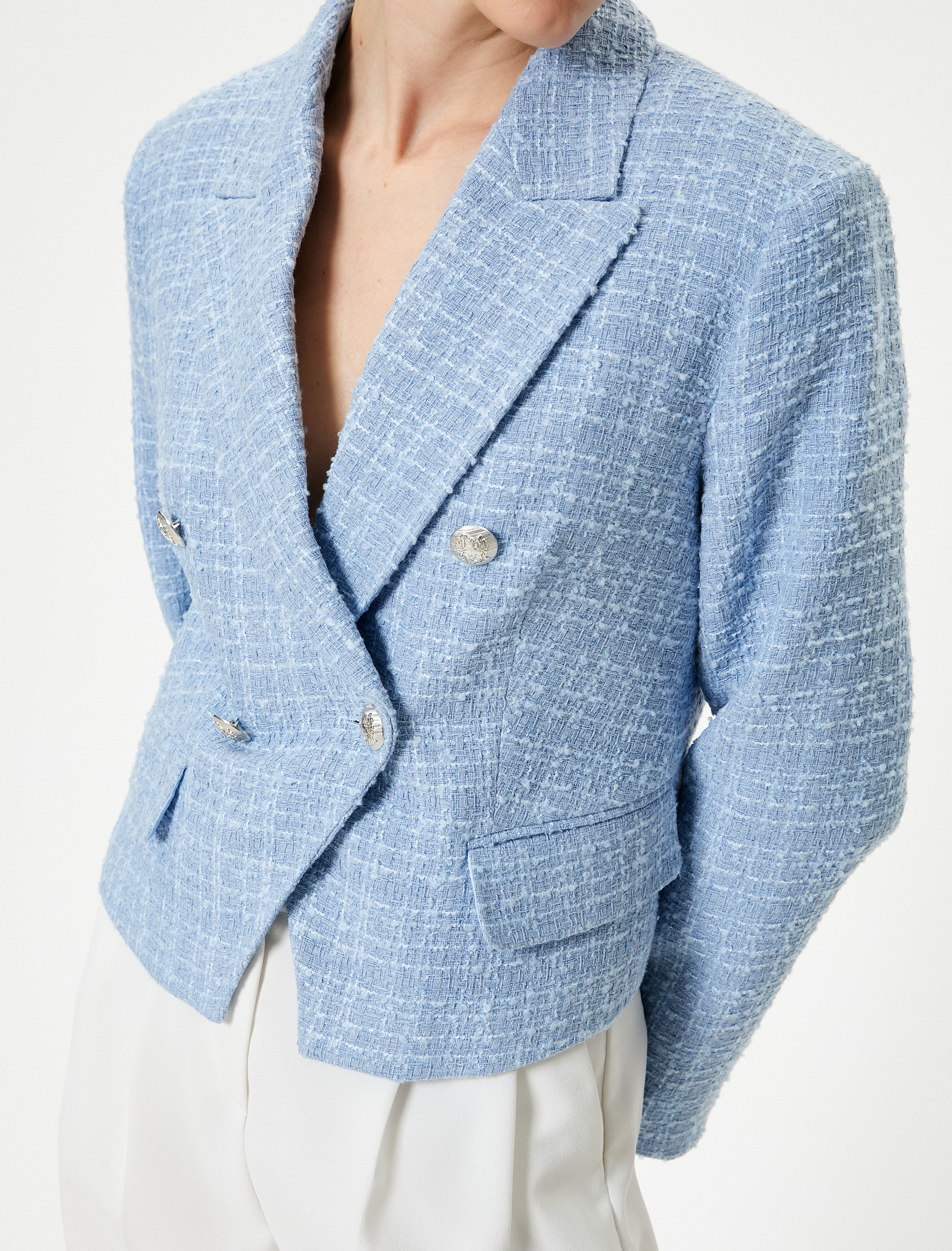   Kısa Tüvit Ceket Kruvaze Düğmeli Kapaklı Cepli