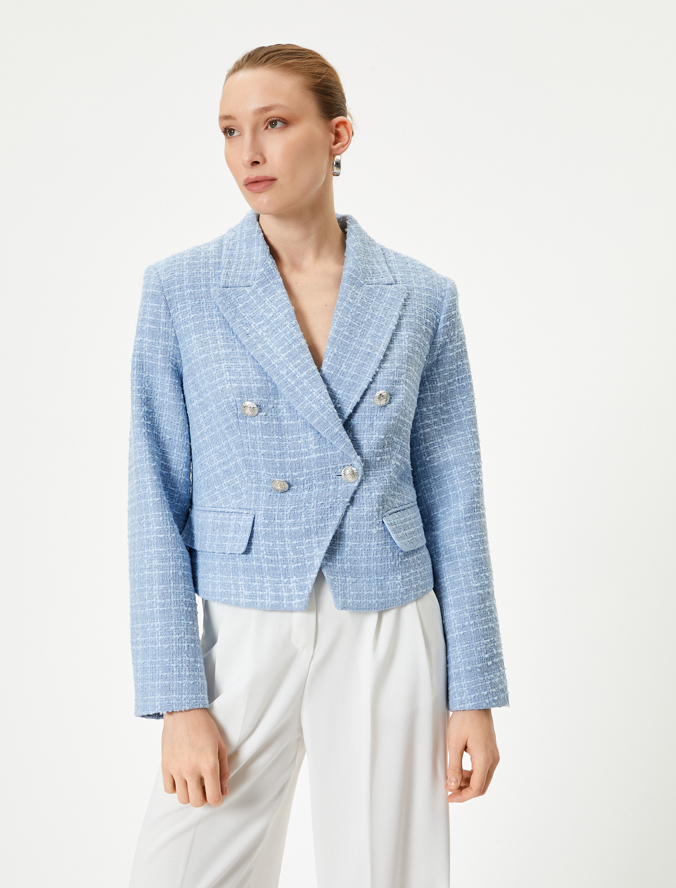   Kısa Tüvit Ceket Kruvaze Düğmeli Kapaklı Cepli