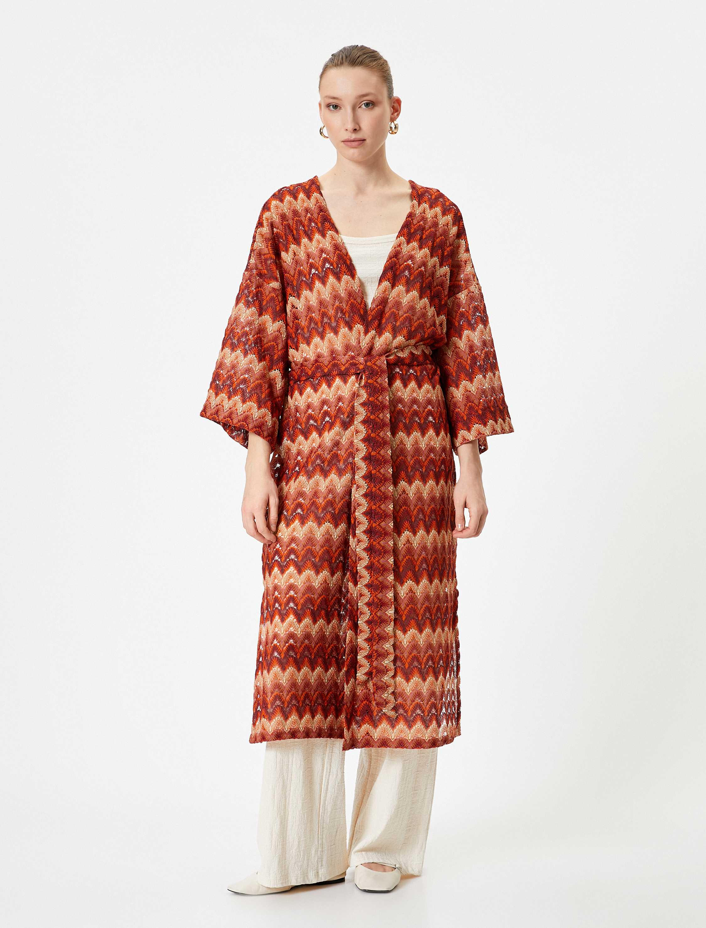   Uzun Hırka Kimono Kuşaklı Geniş Kollu