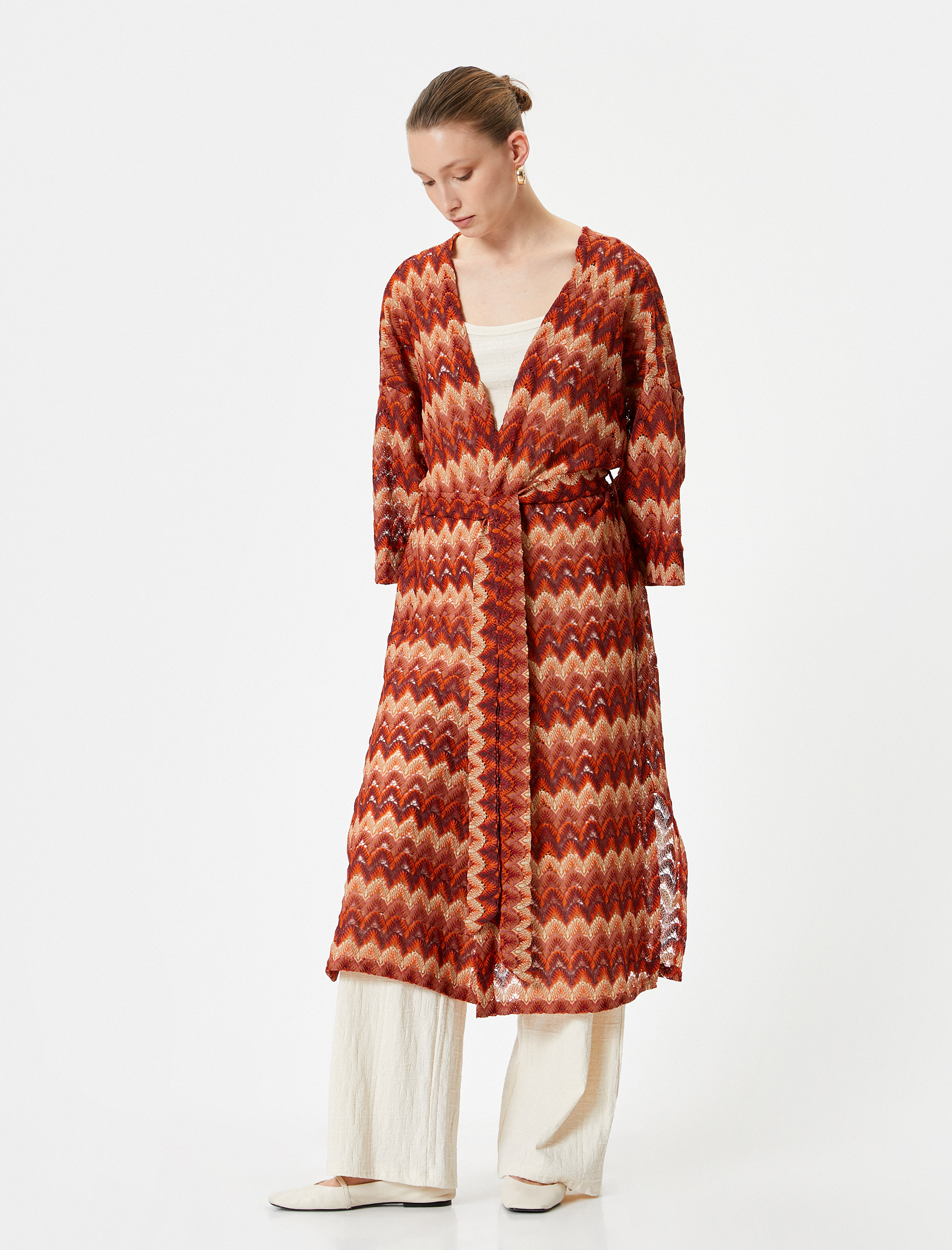   Uzun Hırka Kimono Kuşaklı Geniş Kollu