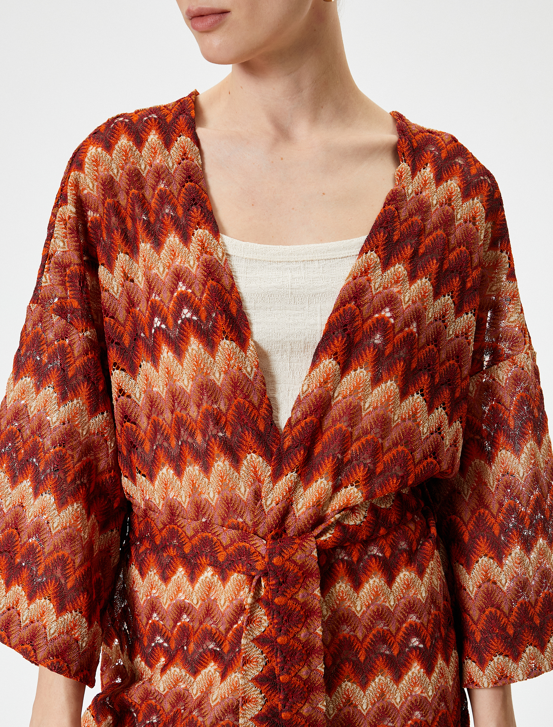   Uzun Hırka Kimono Kuşaklı Geniş Kollu