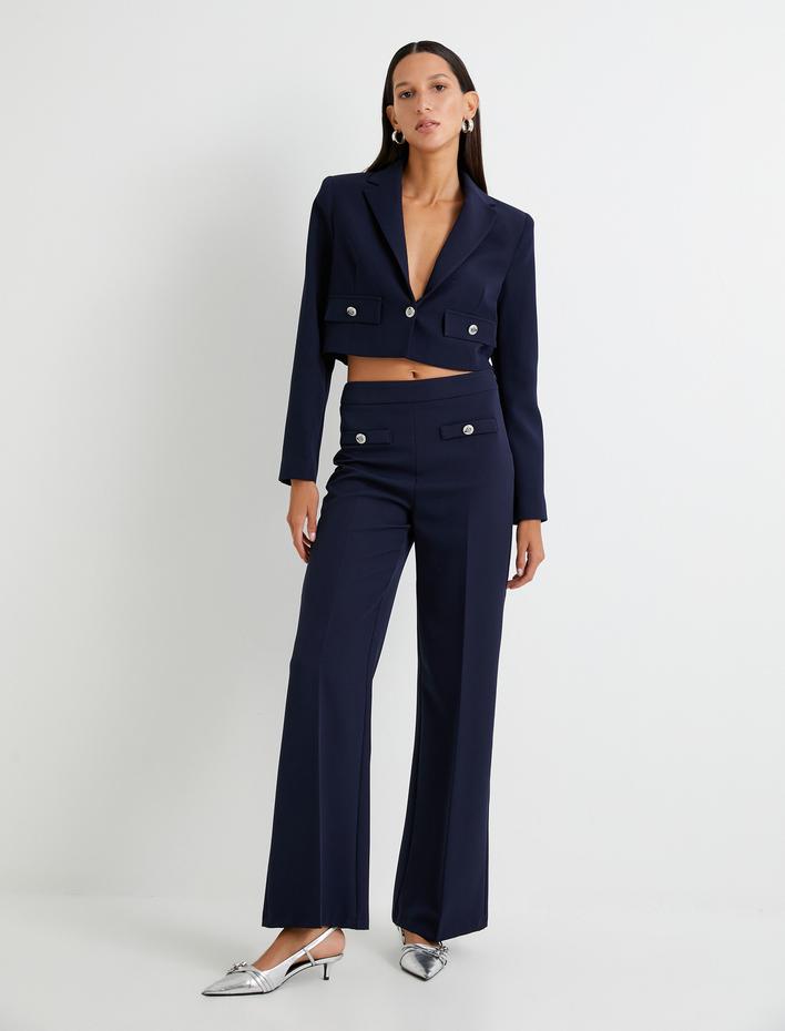  Bol Paça Pantolon Kumaş Normal Bel Düğmeli Cepli