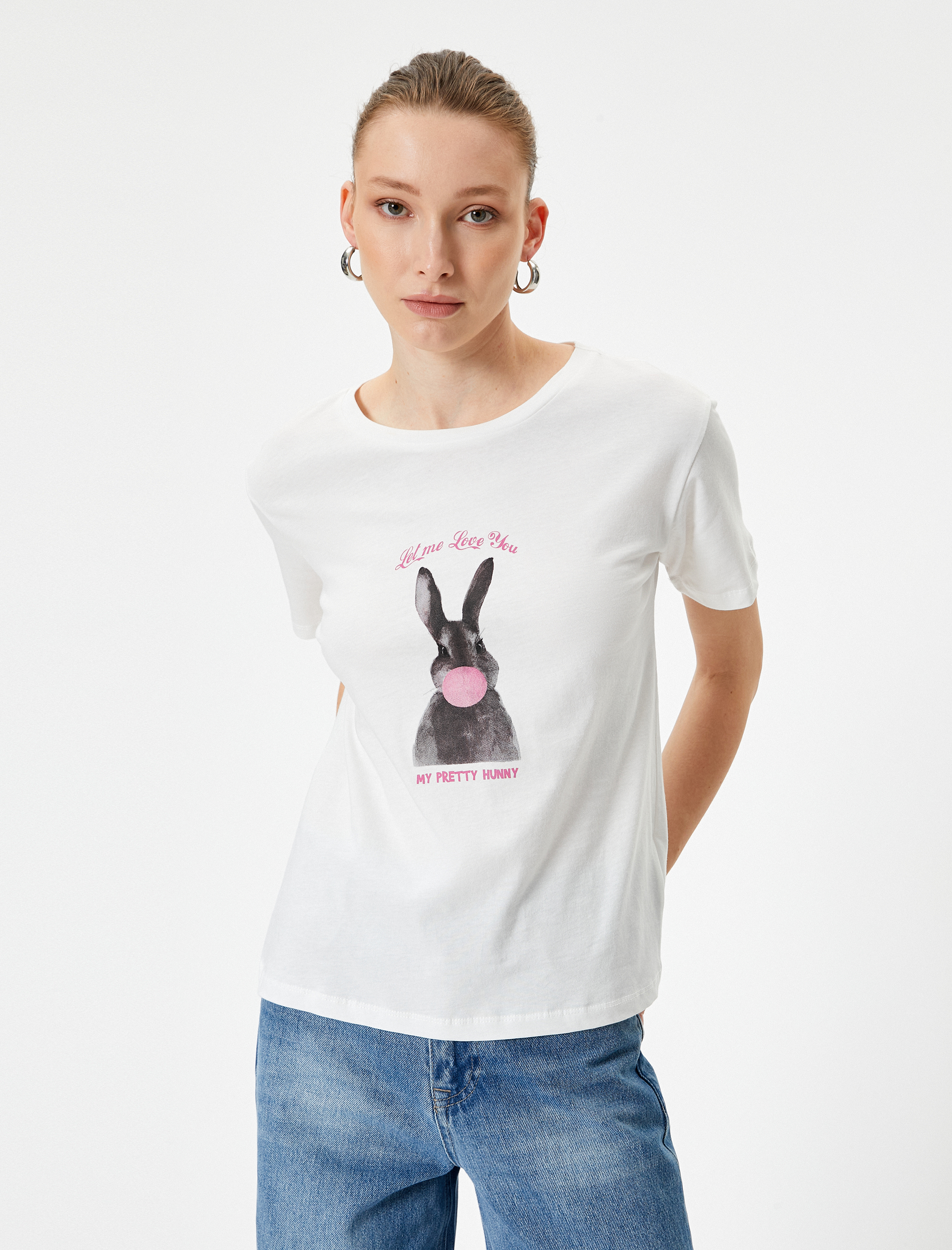   Baskılı Tişört Bisiklet Yaka Kısa Kollu Pamuklu