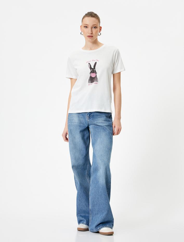  Baskılı Tişört Bisiklet Yaka Kısa Kollu Pamuklu