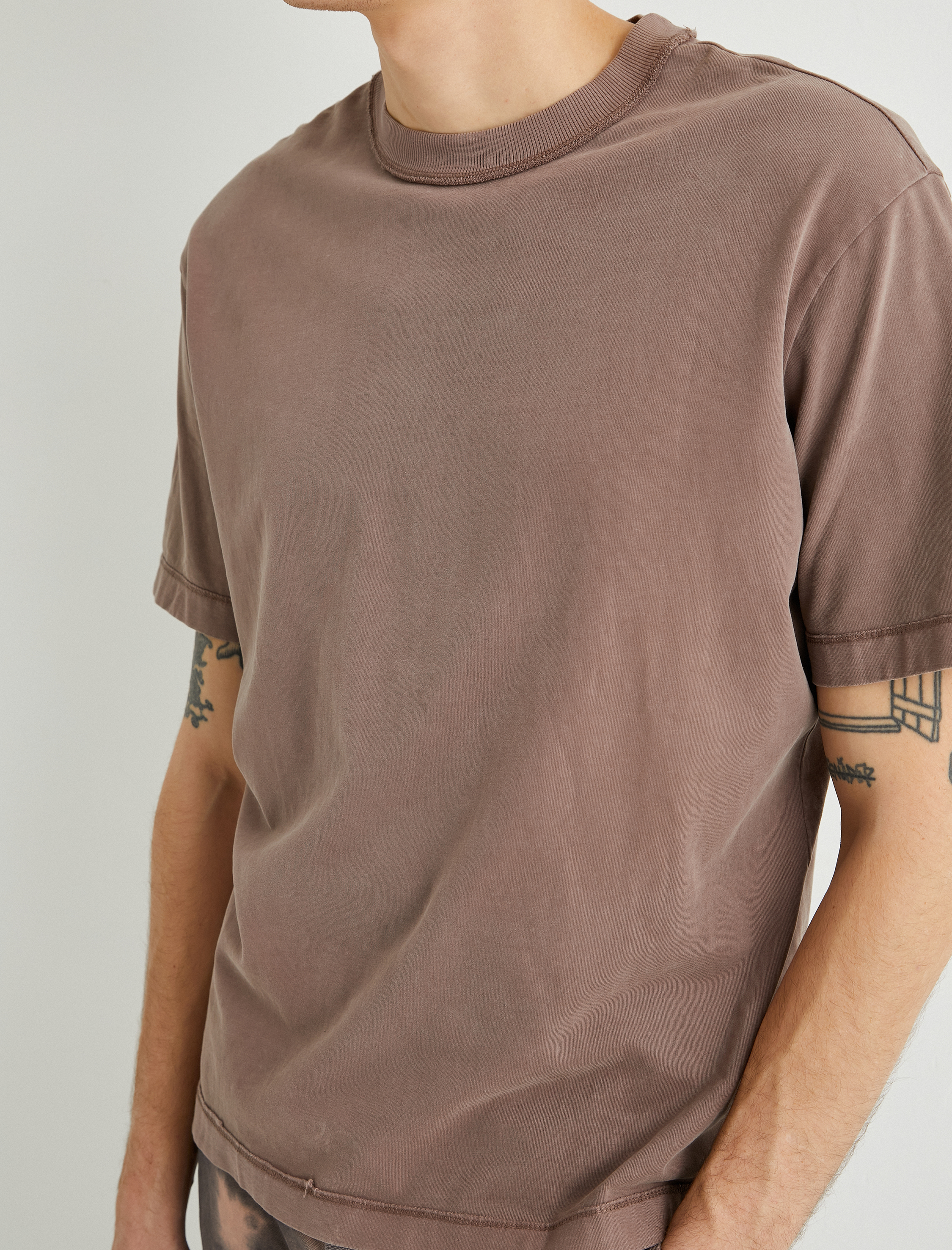   Oversize Yıkamalı Tişört Dikiş Detaylı Bisiklet Yaka Kısa Kollu