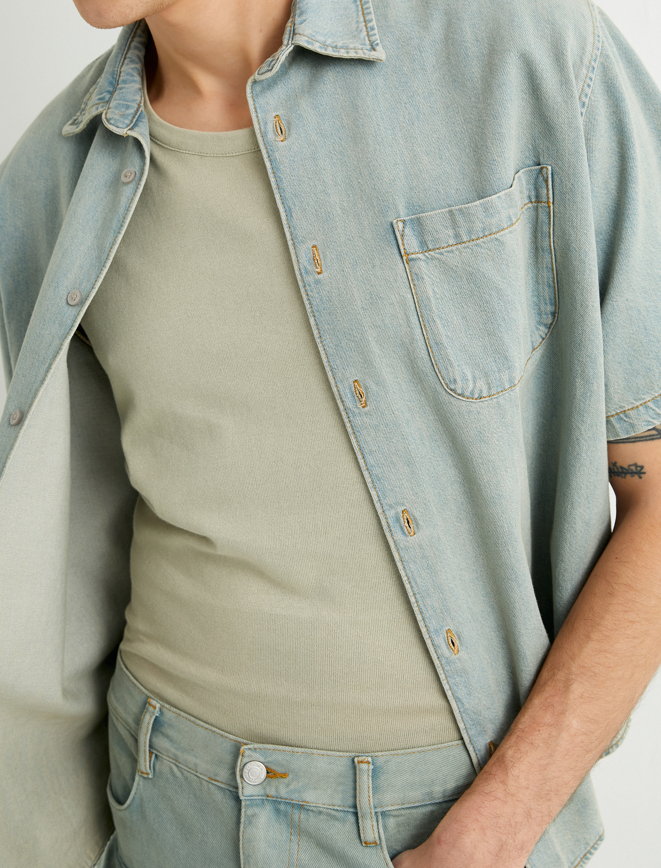   Kot Gömlek Ceket Oversize Kısa Kollu Düğmeli Cep Detaylı