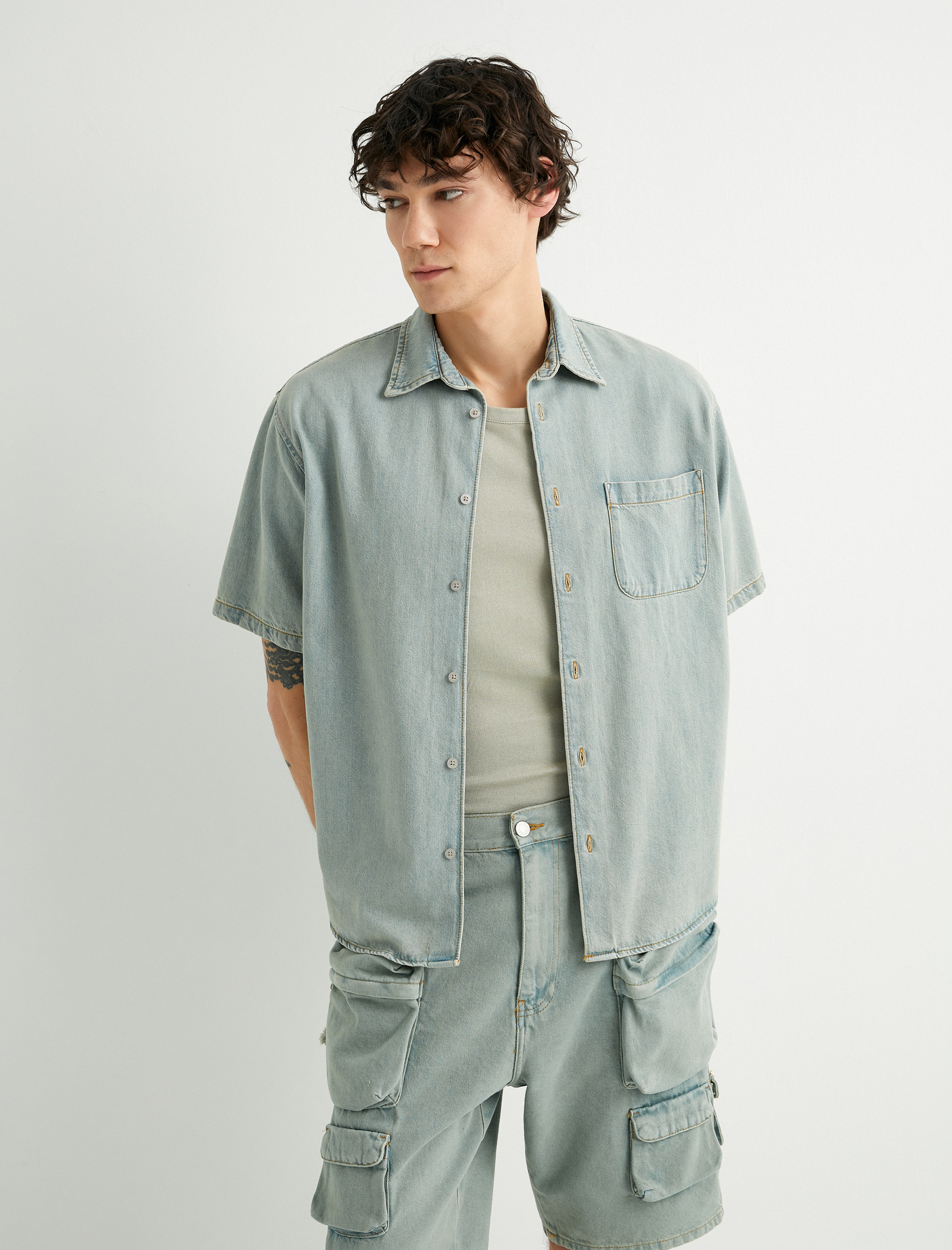   Kot Gömlek Ceket Oversize Kısa Kollu Düğmeli Cep Detaylı