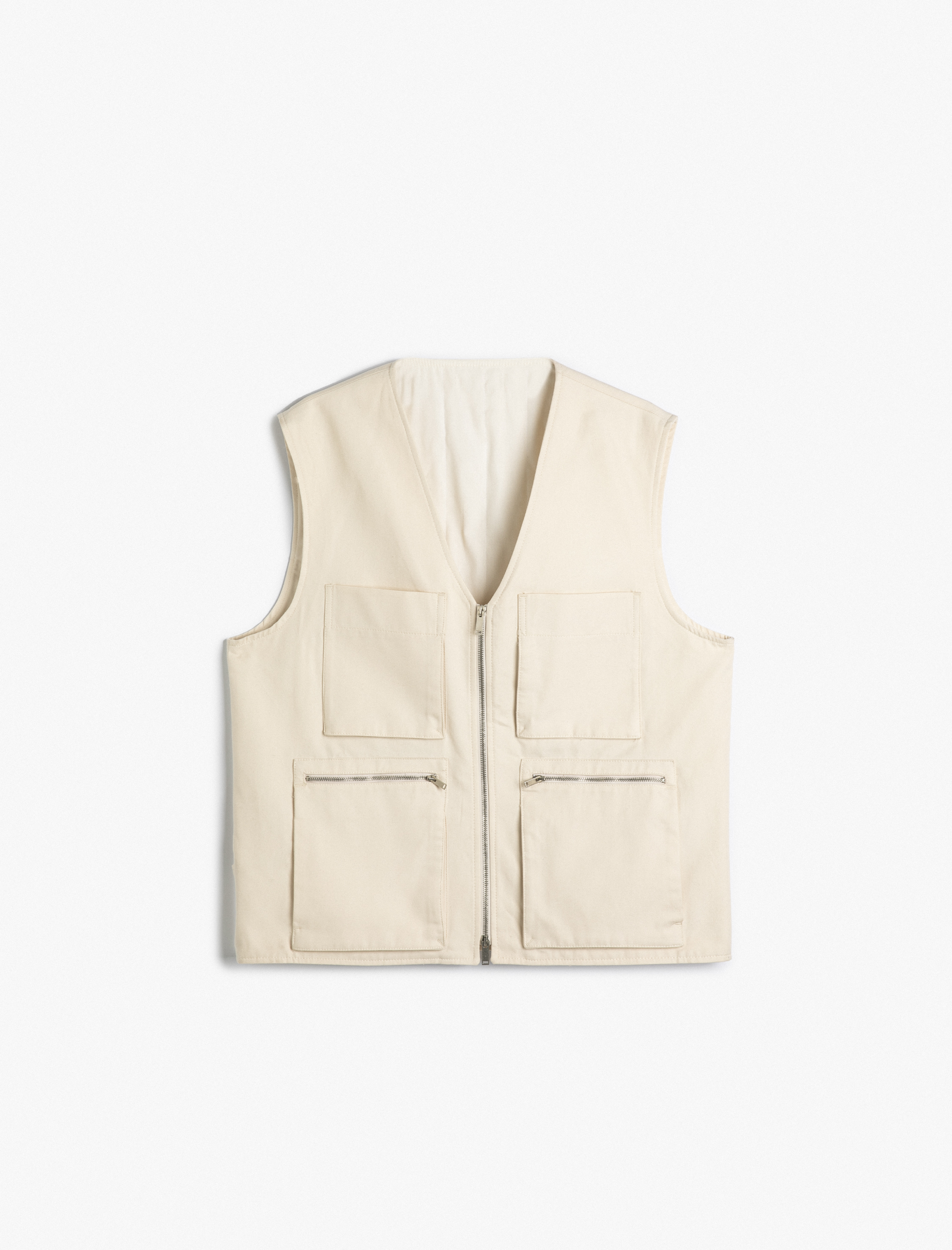   Kanvas Yelek Kolsuz V Yaka Fermuarlı Kapaklı Cep Detaylı