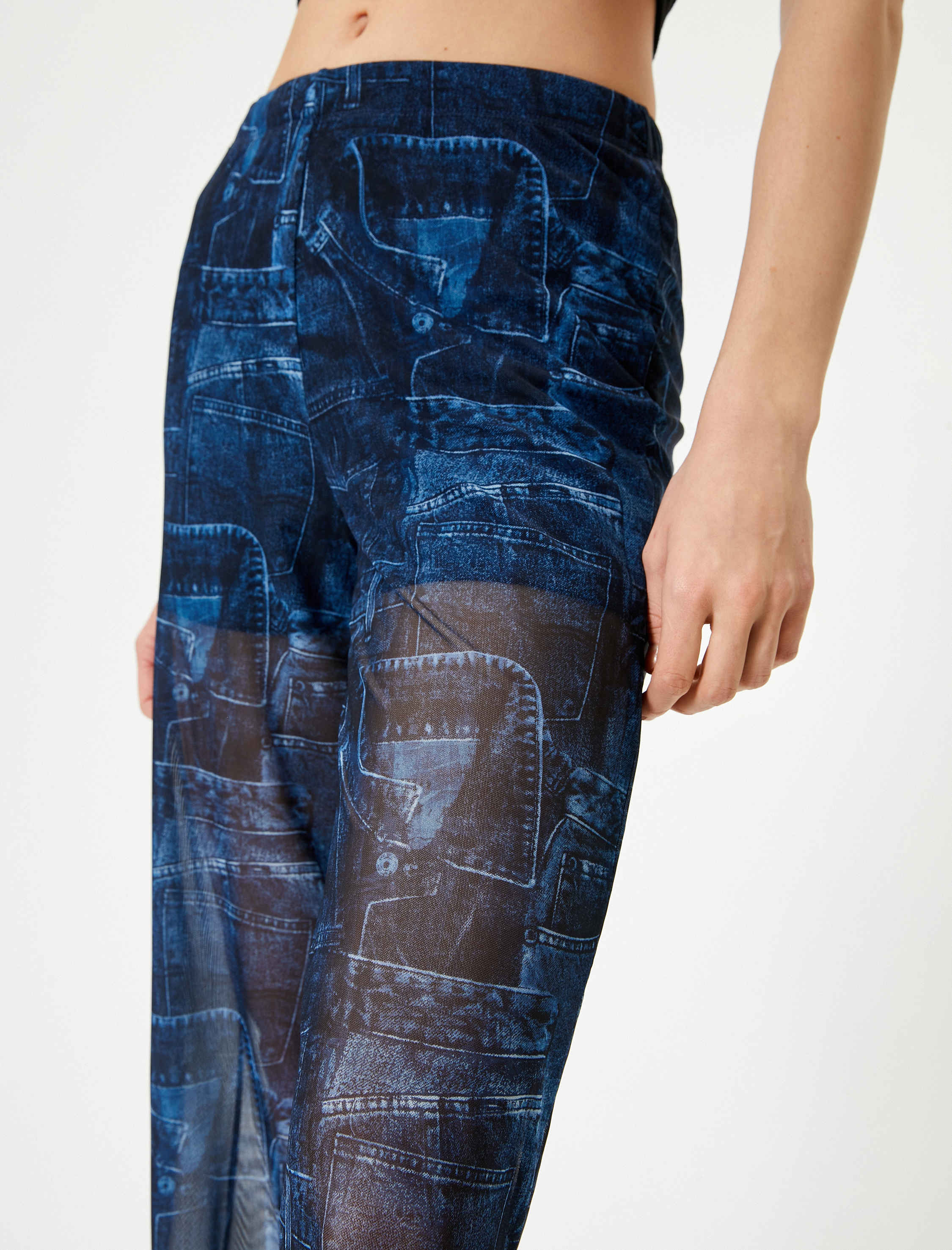 Bol Paça Pantolon Denim Tül Görünümlü Normal Bel