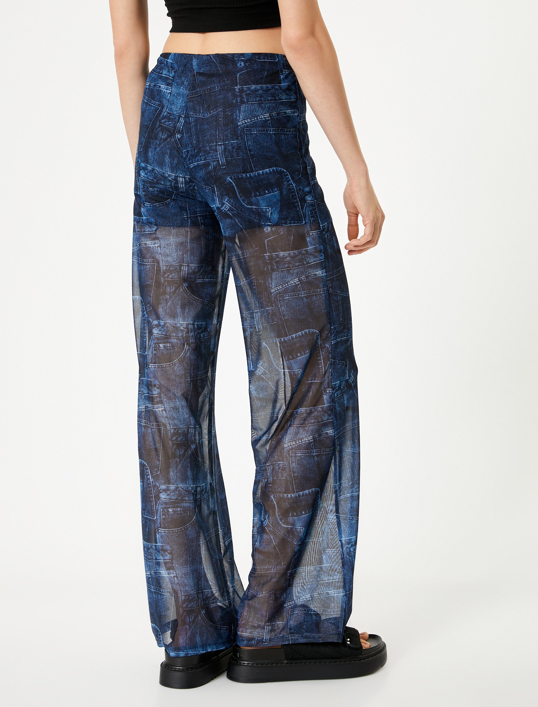 Bol Paça Pantolon Denim Tül Görünümlü Normal Bel