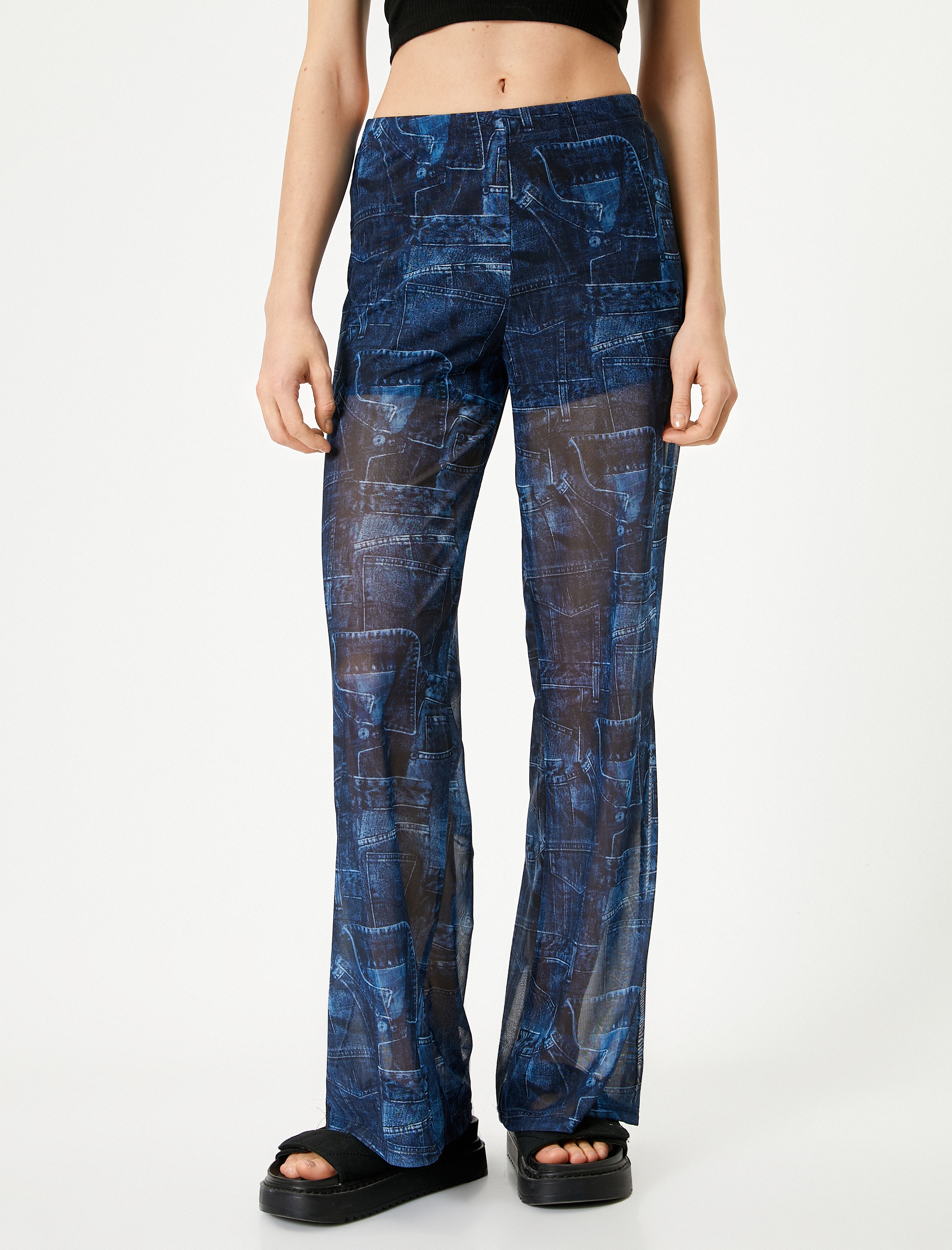 Bol Paça Pantolon Denim Tül Görünümlü Normal Bel