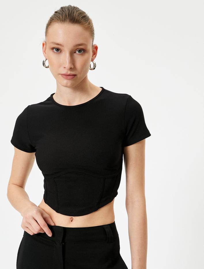  Crop Tişört Korse Görünümlü Bisiklet Yaka Kısa Kollu