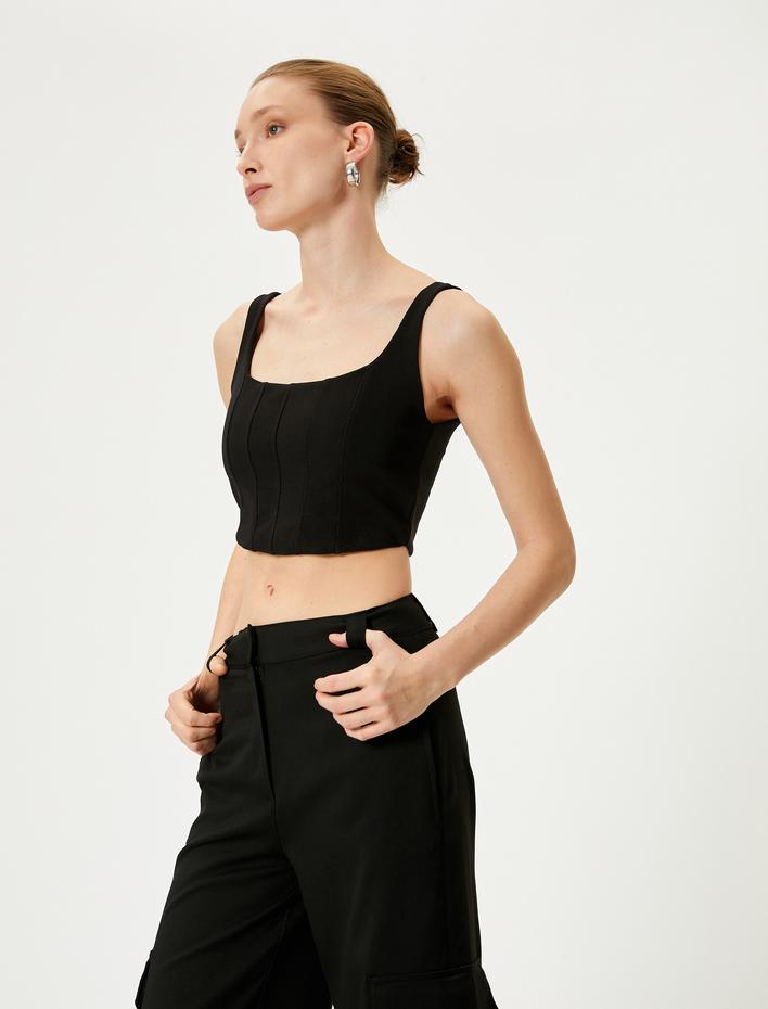  Crop Atlet Korse Görünümlü Kare Yaka Askılı