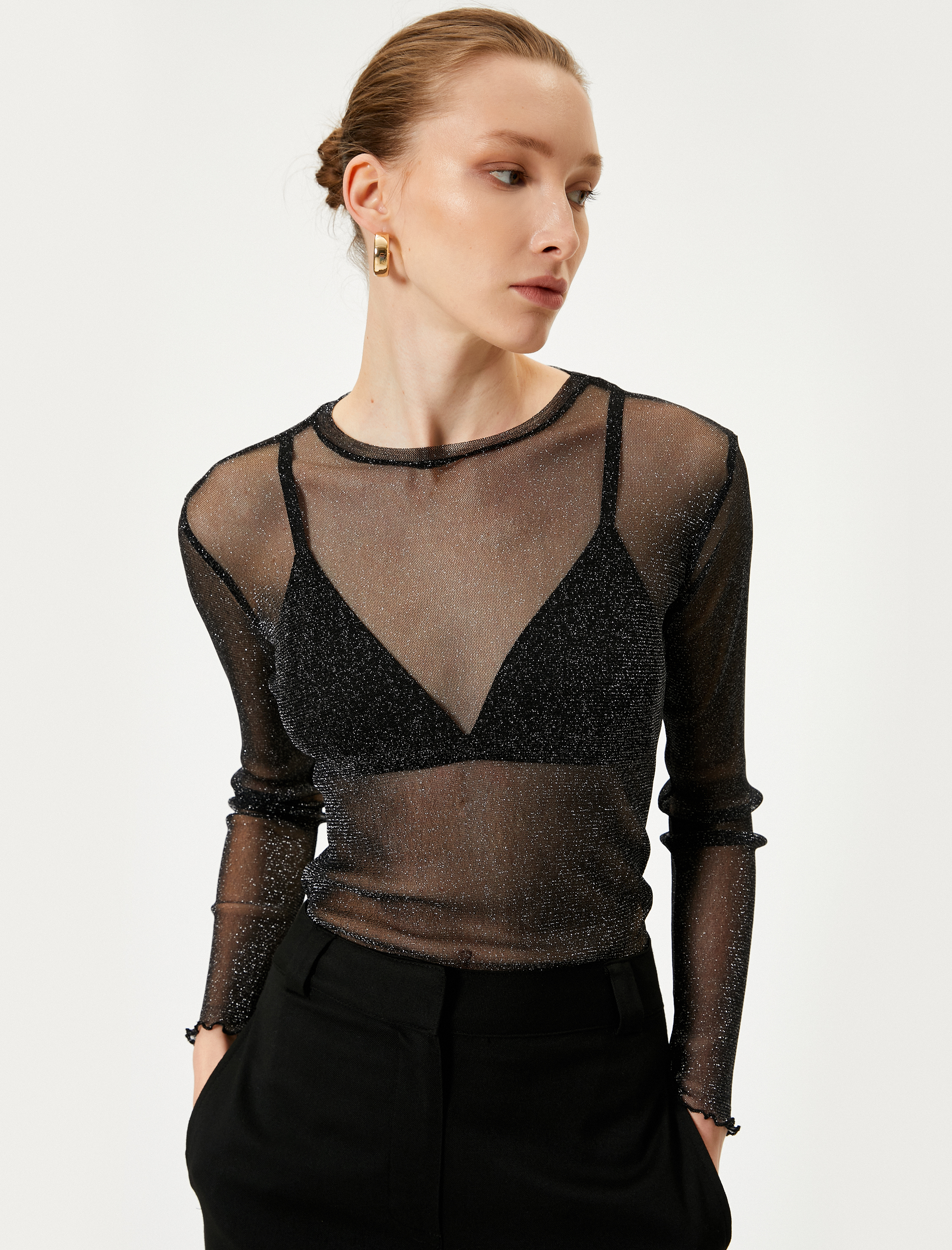   Transparan Tişört Simli Uzun Kollu Bisiklet Yaka