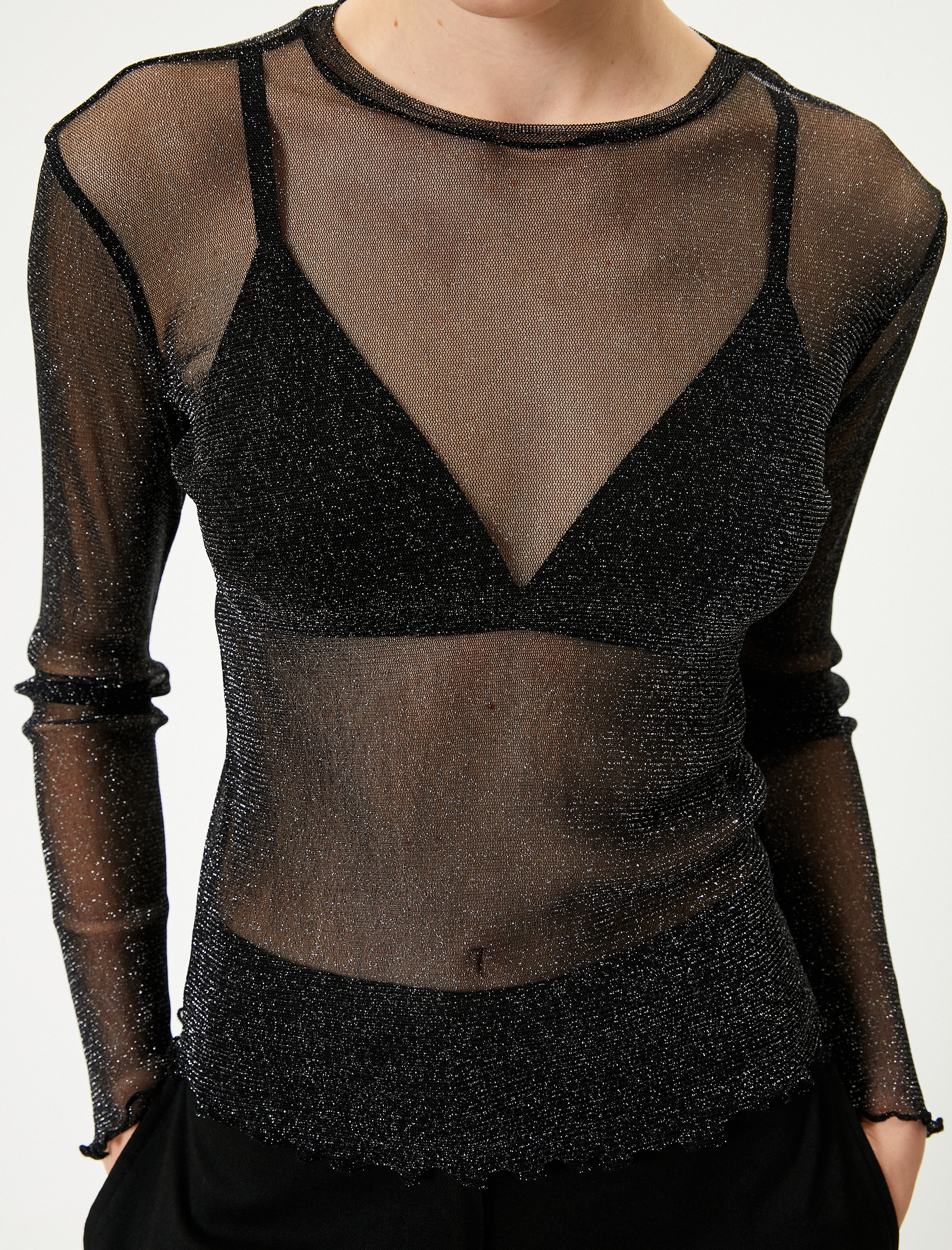   Transparan Tişört Simli Uzun Kollu Bisiklet Yaka