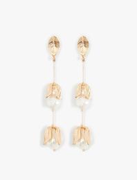 İnci Küpe Floral Uzun Sallantılı Orta Boy