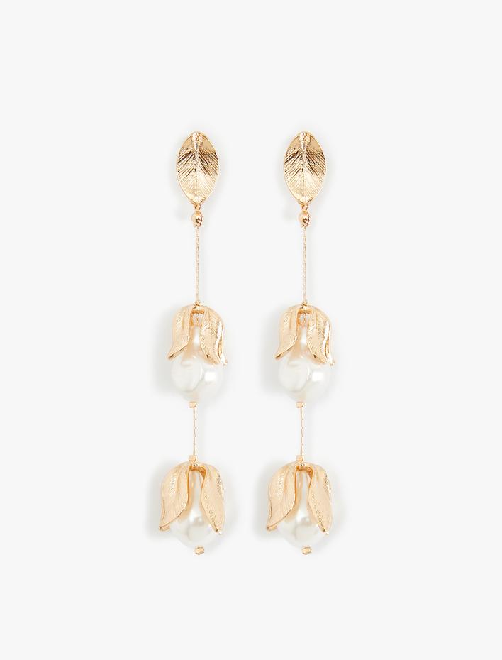 Kadın İnci Küpe Floral Uzun Sallantılı Orta Boy