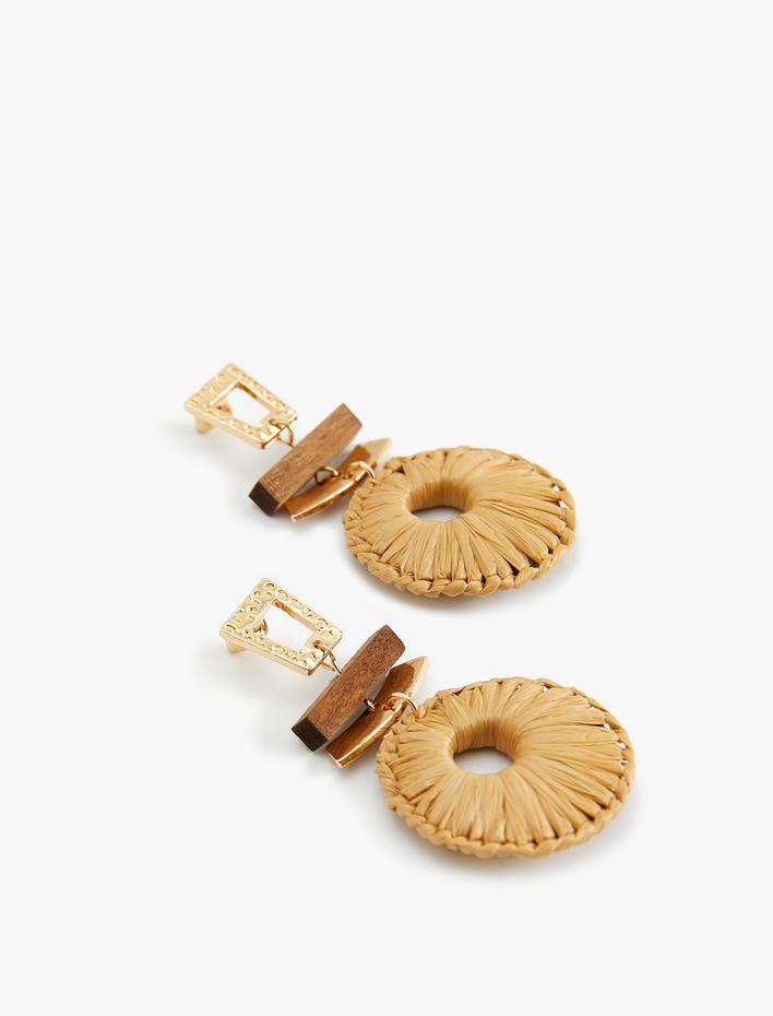 Kadın Hasır Küpe Geometrik Şekilli Ahşap Detaylı