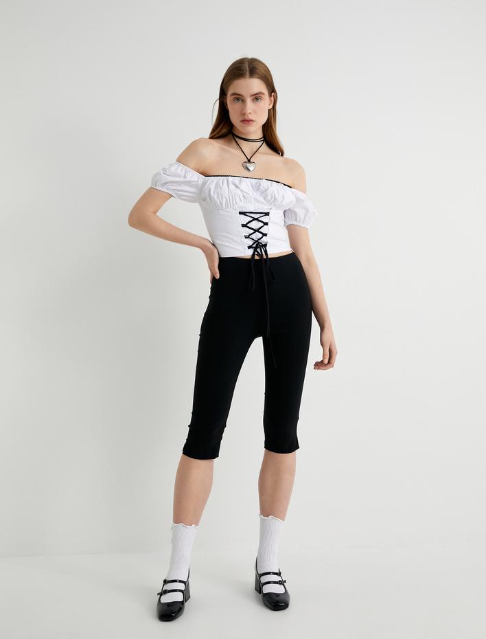  Omzu Açık Poplin Bluz Önden Bağlamalı Fiyonk Detaylı Kalp Yaka