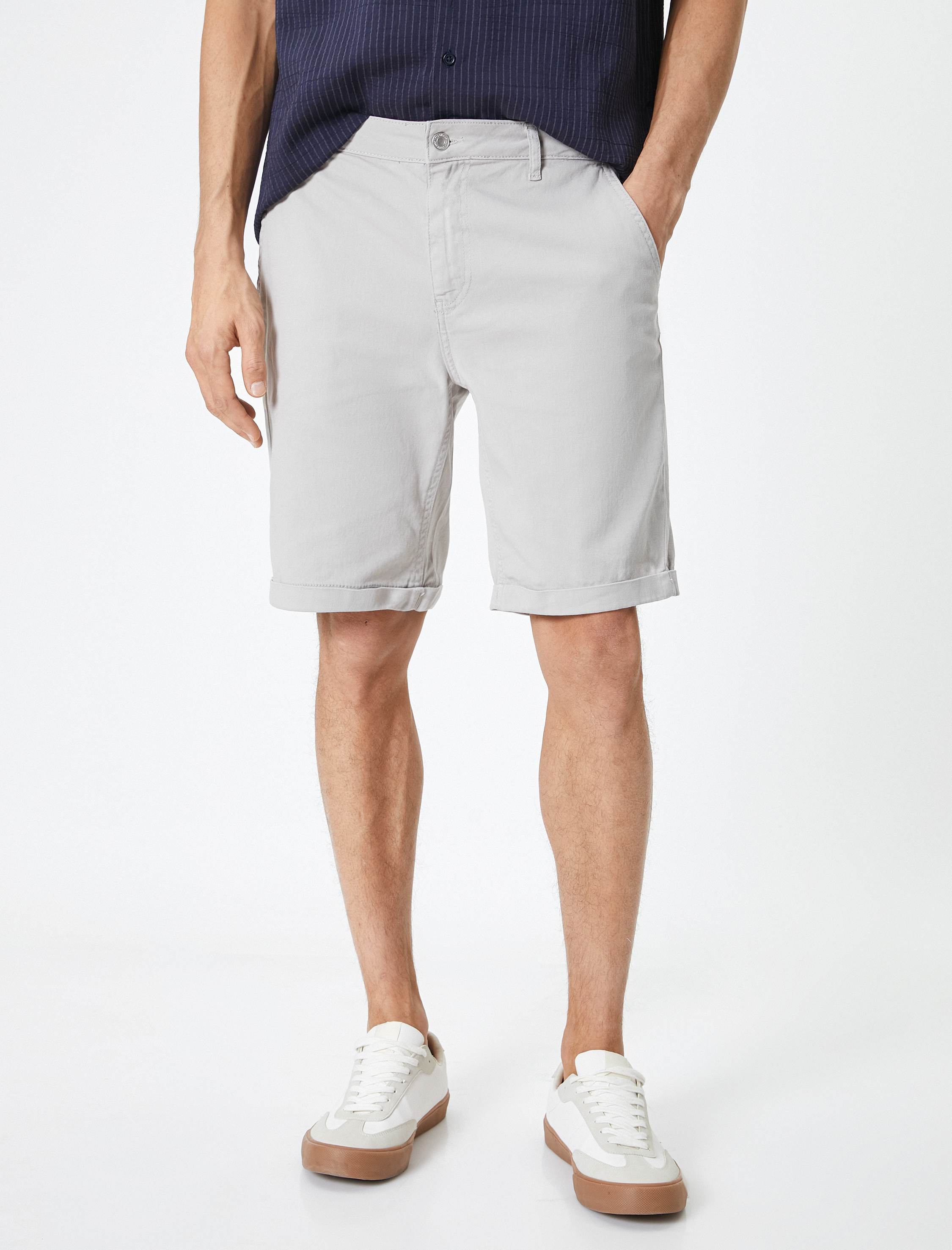   Kumaş Şort Bermuda Chino Slim Fit Düğmeli Cepli Katlı Paça