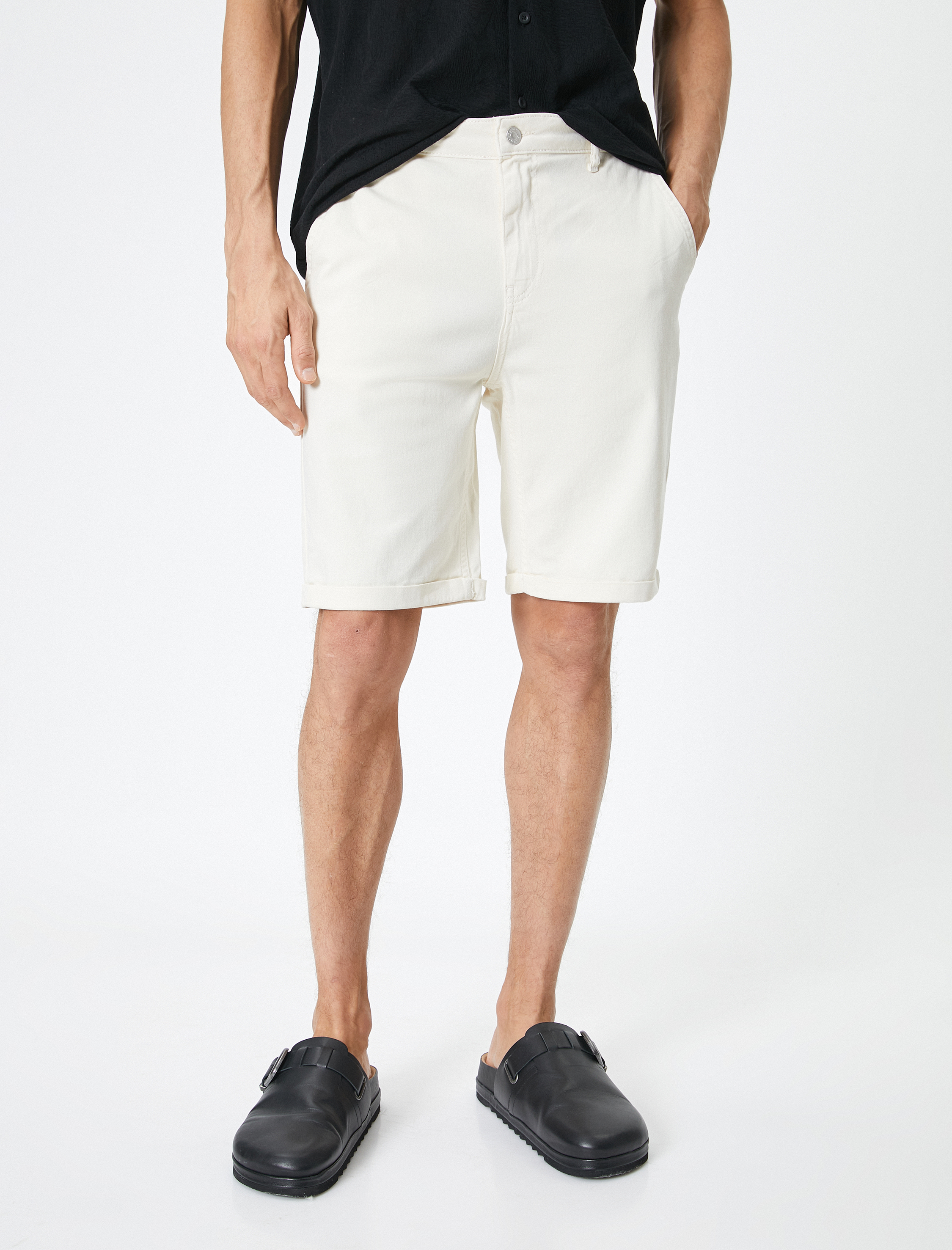   Kumaş Şort Bermuda Chino Slim Fit Düğmeli Cepli Katlı Paça