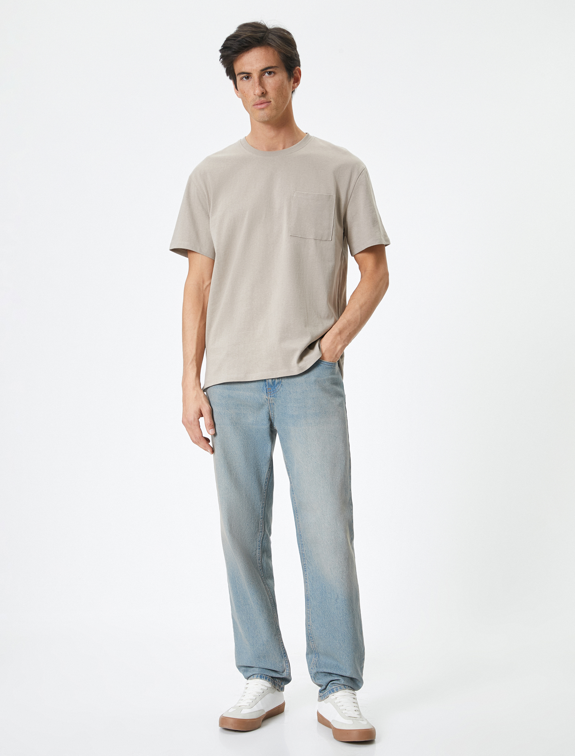 Oversize Tişört Cep Detaylı Bisiklet Yaka Kısa Kollu Pamuklu