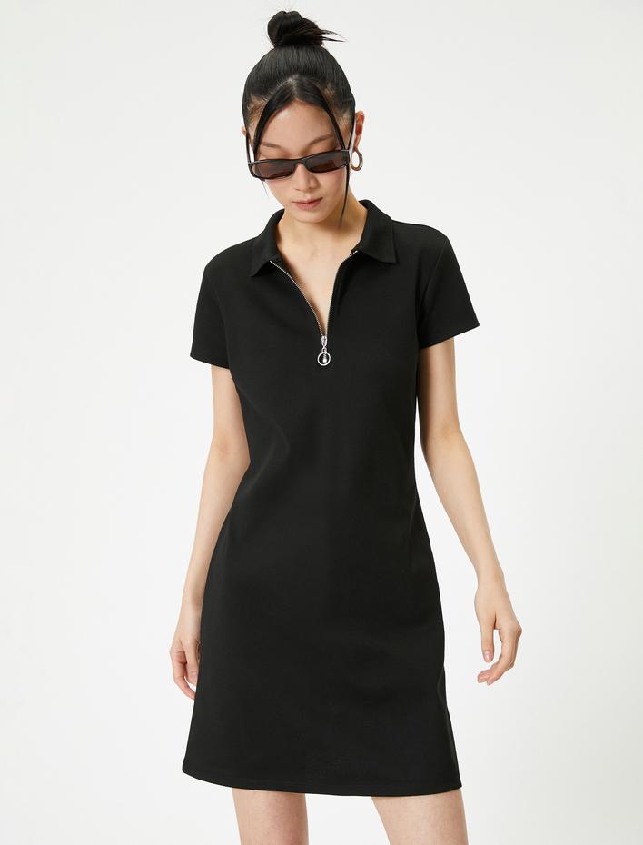  Polo Yaka Mini Elbise Yarım Fermuarlı Kısa Kollu