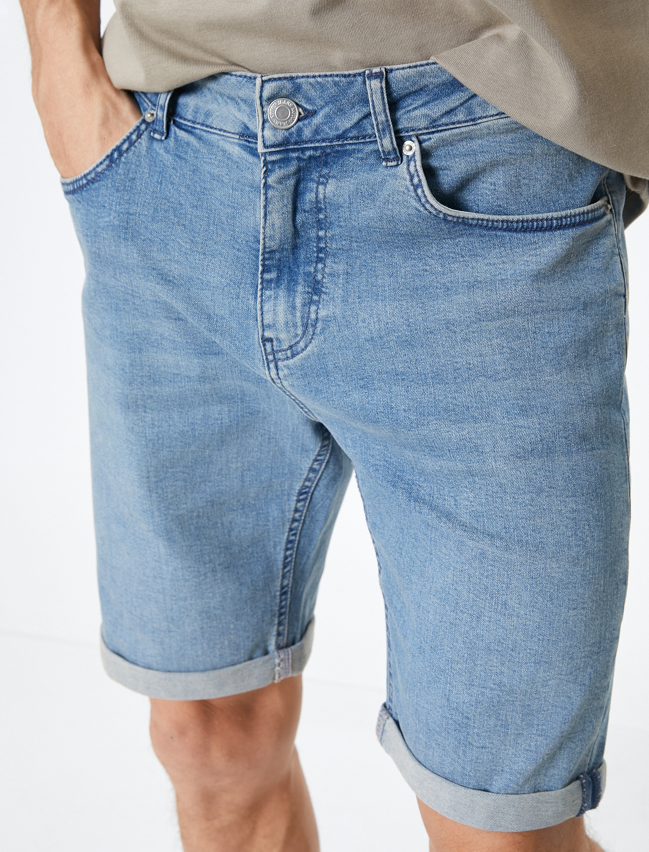 Kot Şort Slim Fit Düğmeli Cepli Katlı Paça