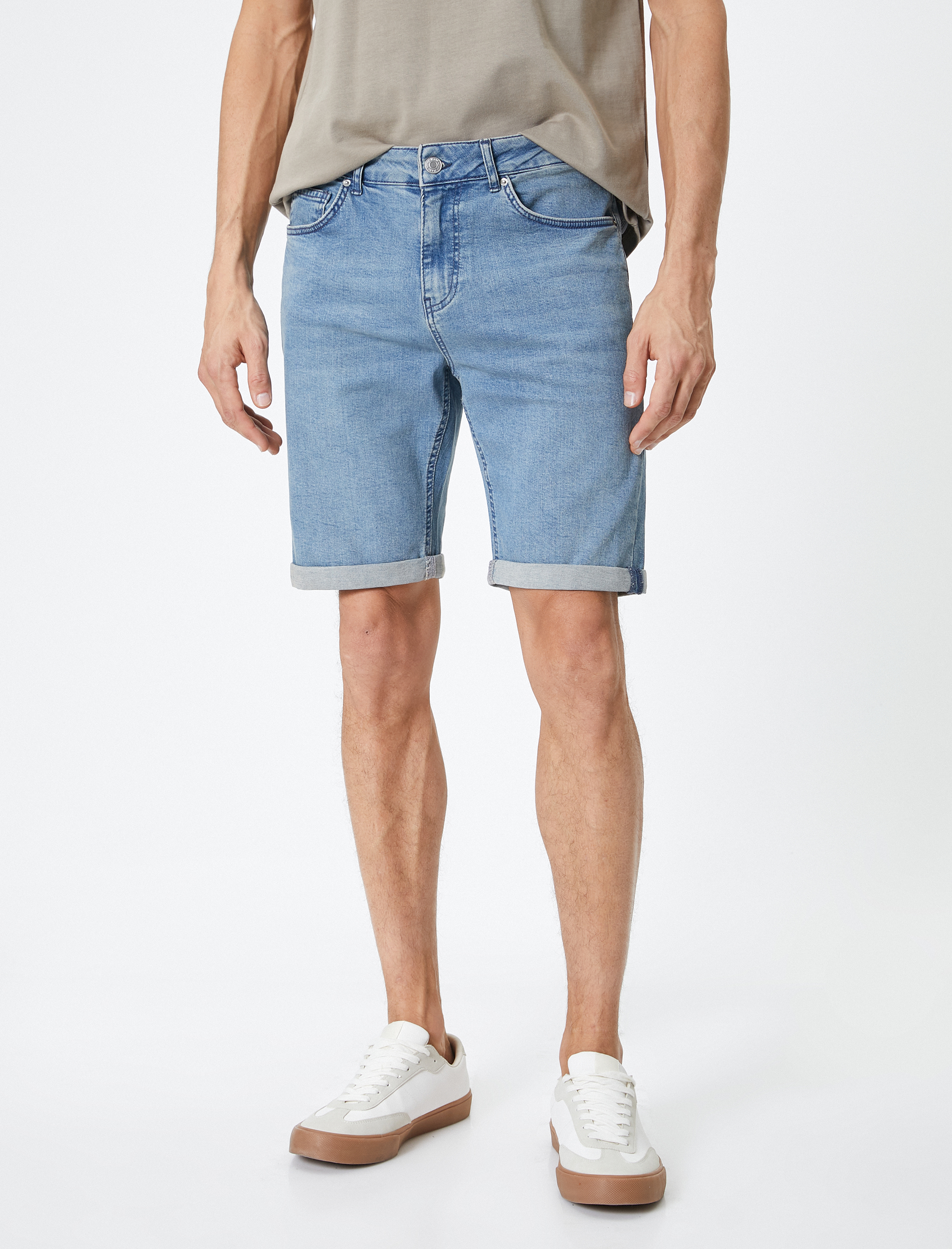 Kot Şort Slim Fit Düğmeli Cepli Katlı Paça