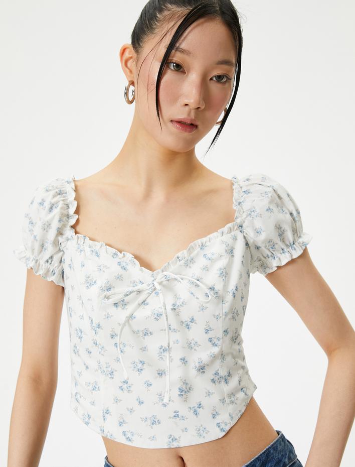  Çiçekli Balon Kol Bluz Crop Fiyonklu Fırfır Detaylı