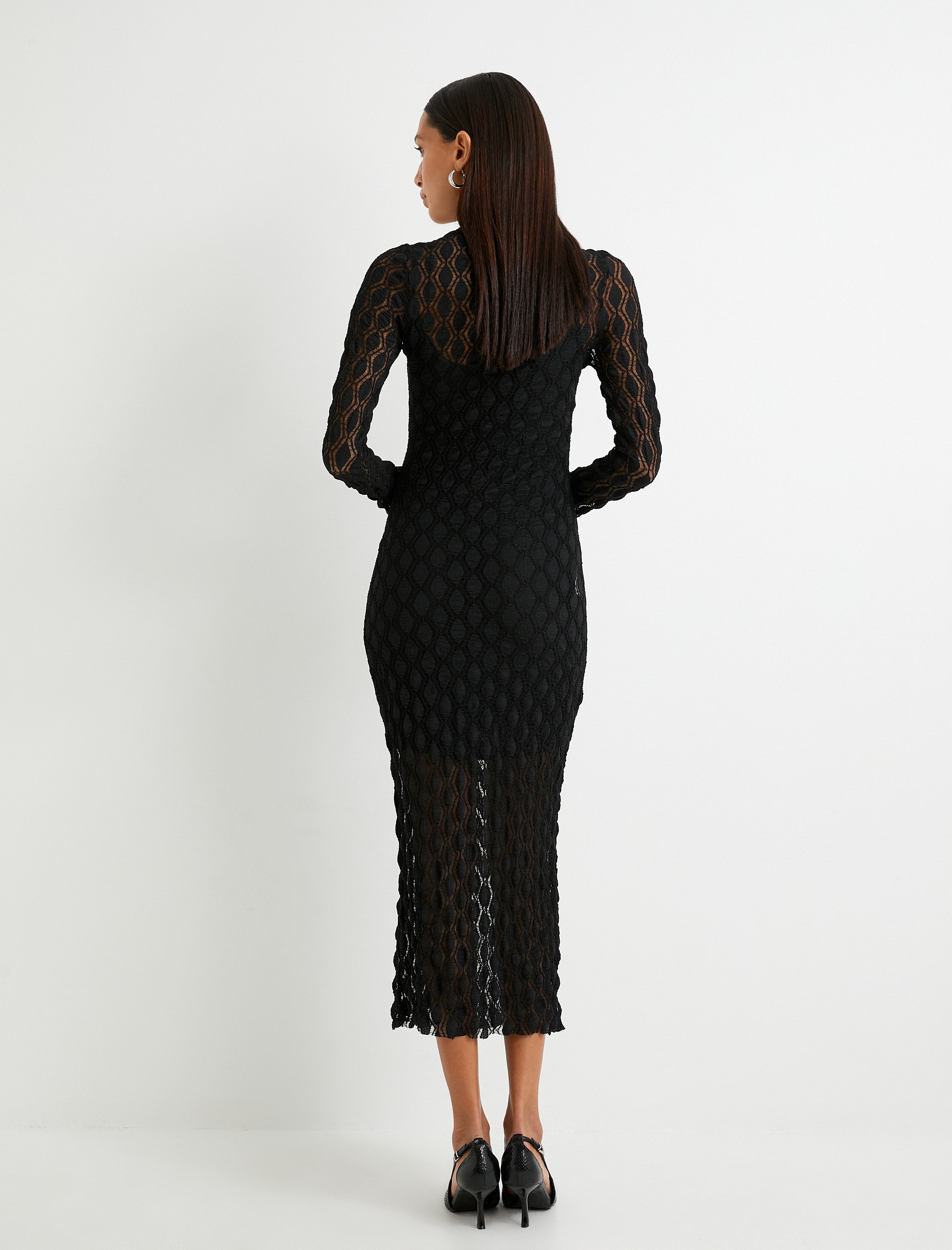   Midi Elbise Uzun Kollu Bisiklet Yaka Transparan Dokulu