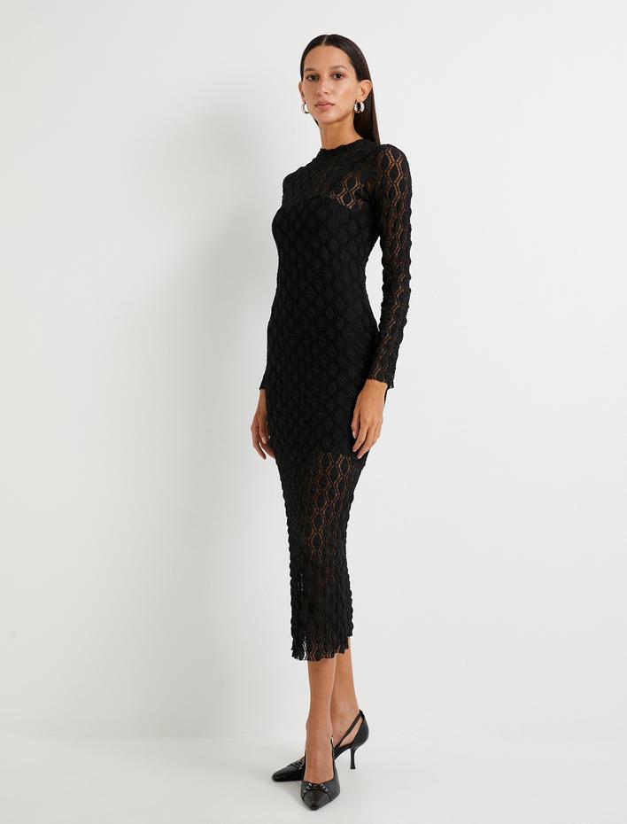  Midi Elbise Uzun Kollu Bisiklet Yaka Transparan Dokulu