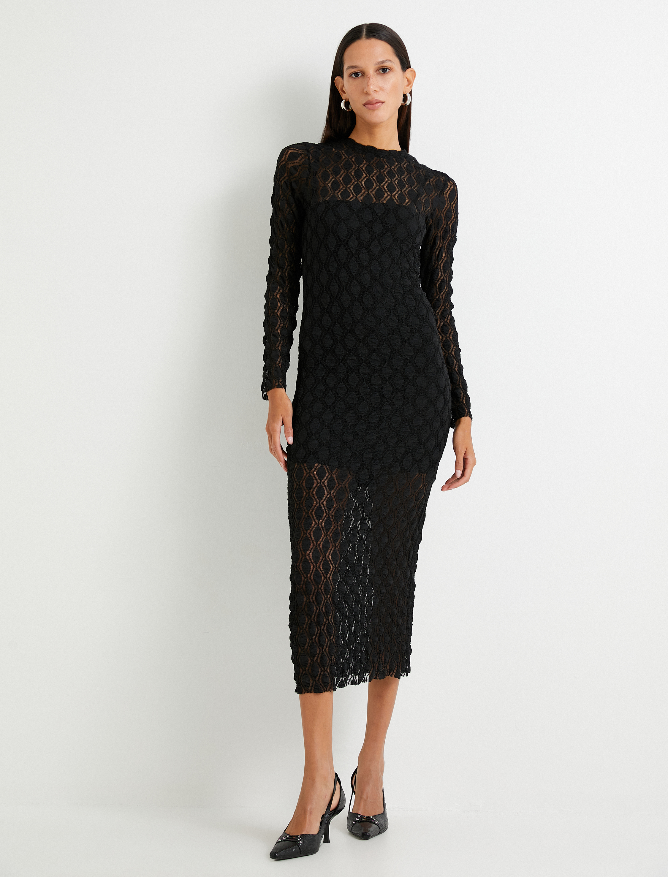   Midi Elbise Uzun Kollu Bisiklet Yaka Transparan Dokulu