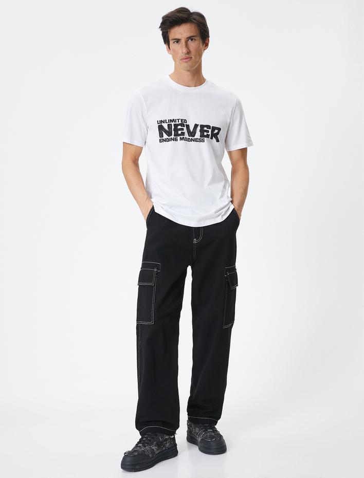  Slogan Baskılı Tişört Bisiklet Yaka Kısa Kollu Pamuklu