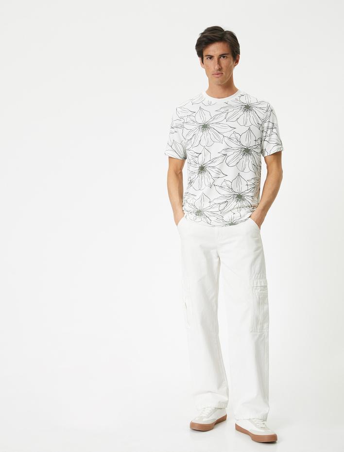  Çiçekli Tişört Bisiklet Yaka Kısa Kollu Pamuklu