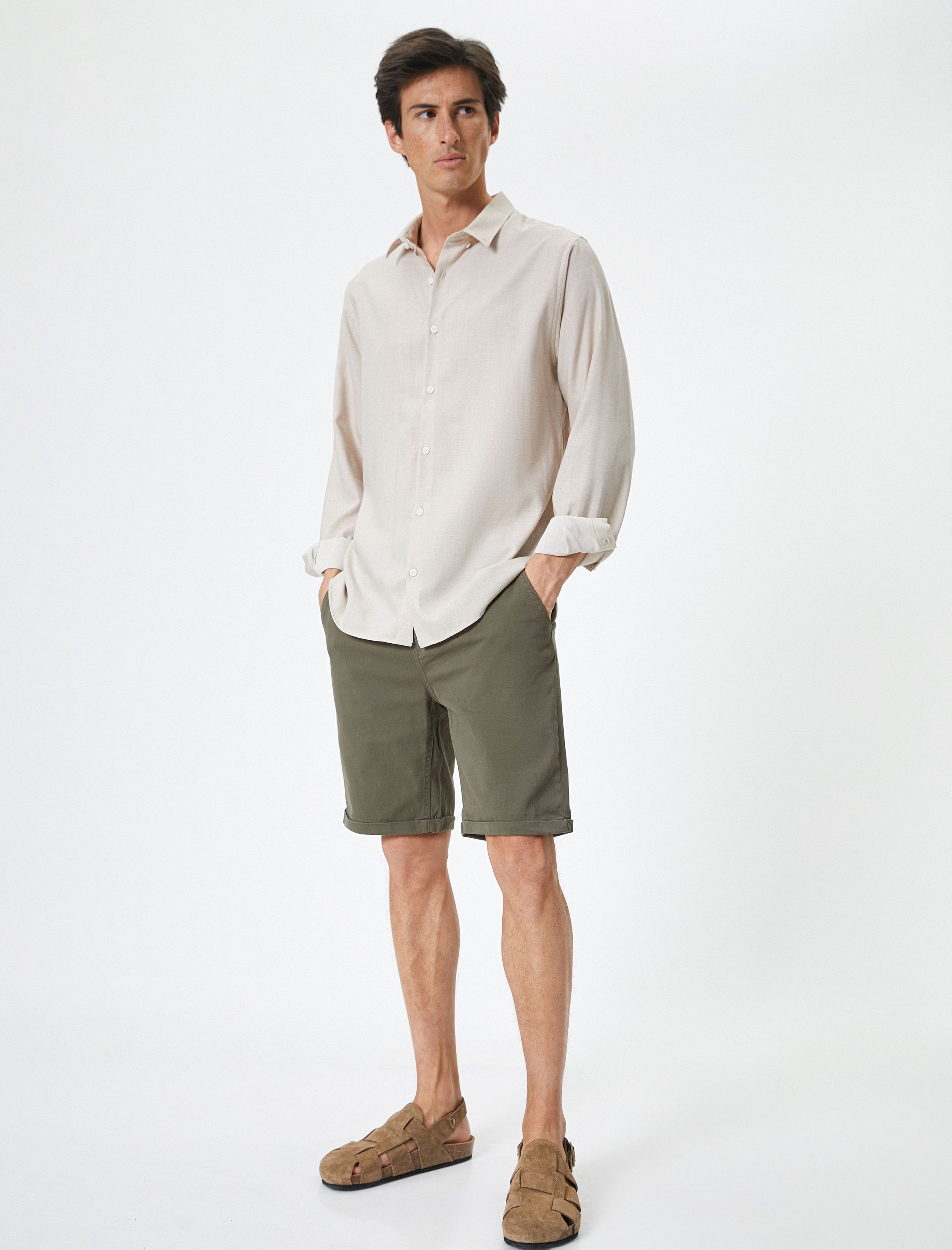   Kumaş Şort Bermuda Chino Slim Fit Düğmeli Cepli Katlı Paça