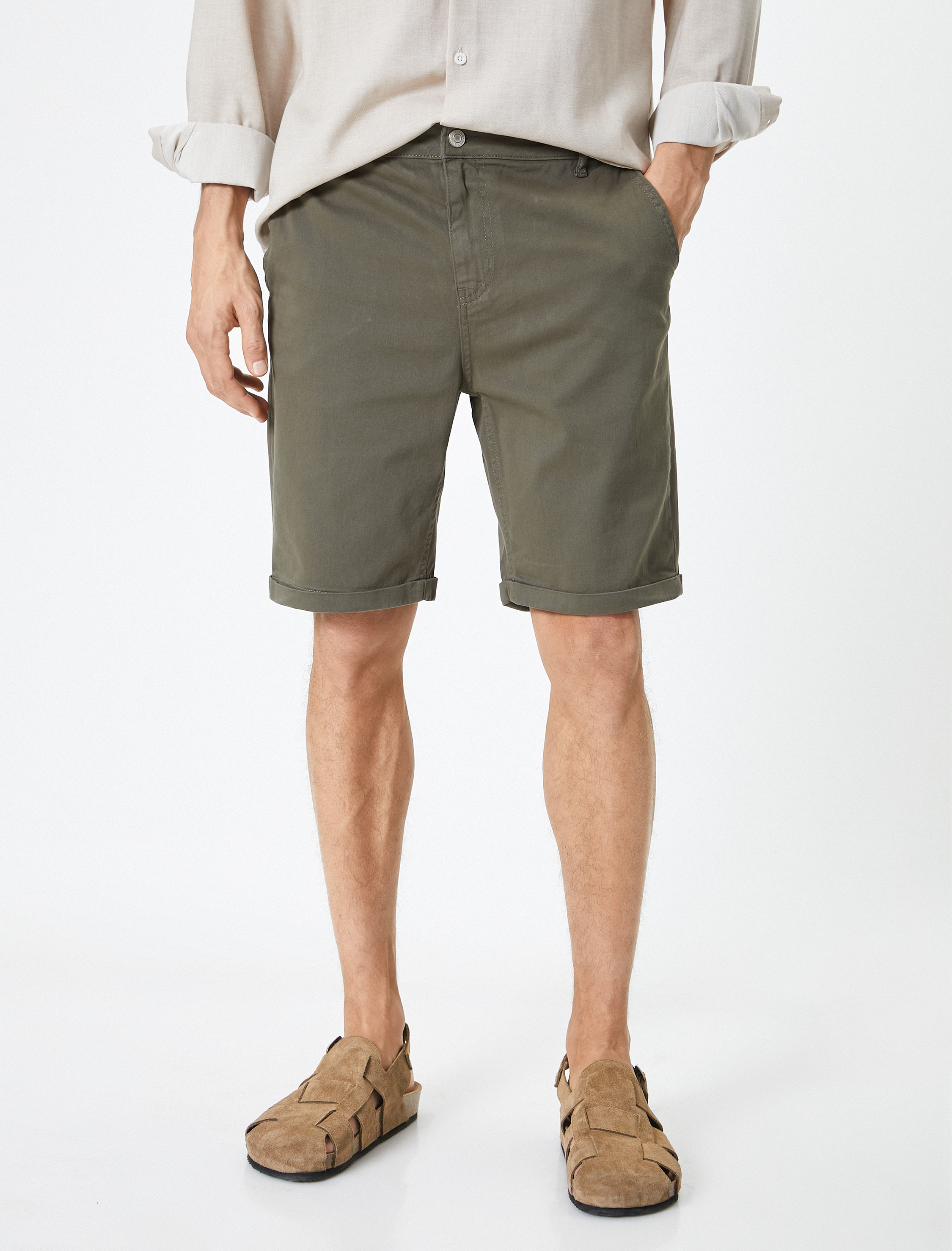   Kumaş Şort Bermuda Chino Slim Fit Düğmeli Cepli Katlı Paça