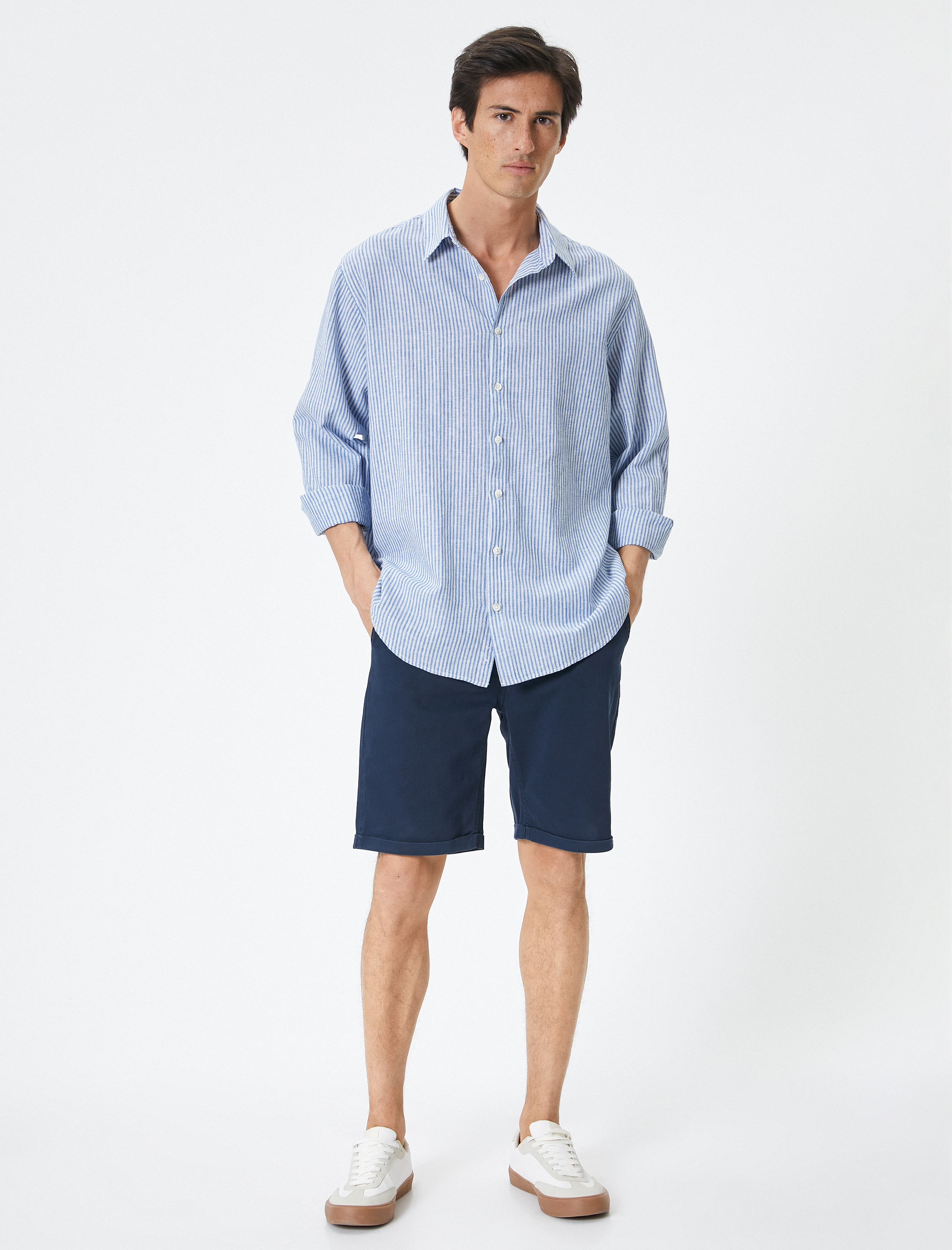   Kumaş Şort Bermuda Chino Slim Fit Düğmeli Cepli Katlı Paça