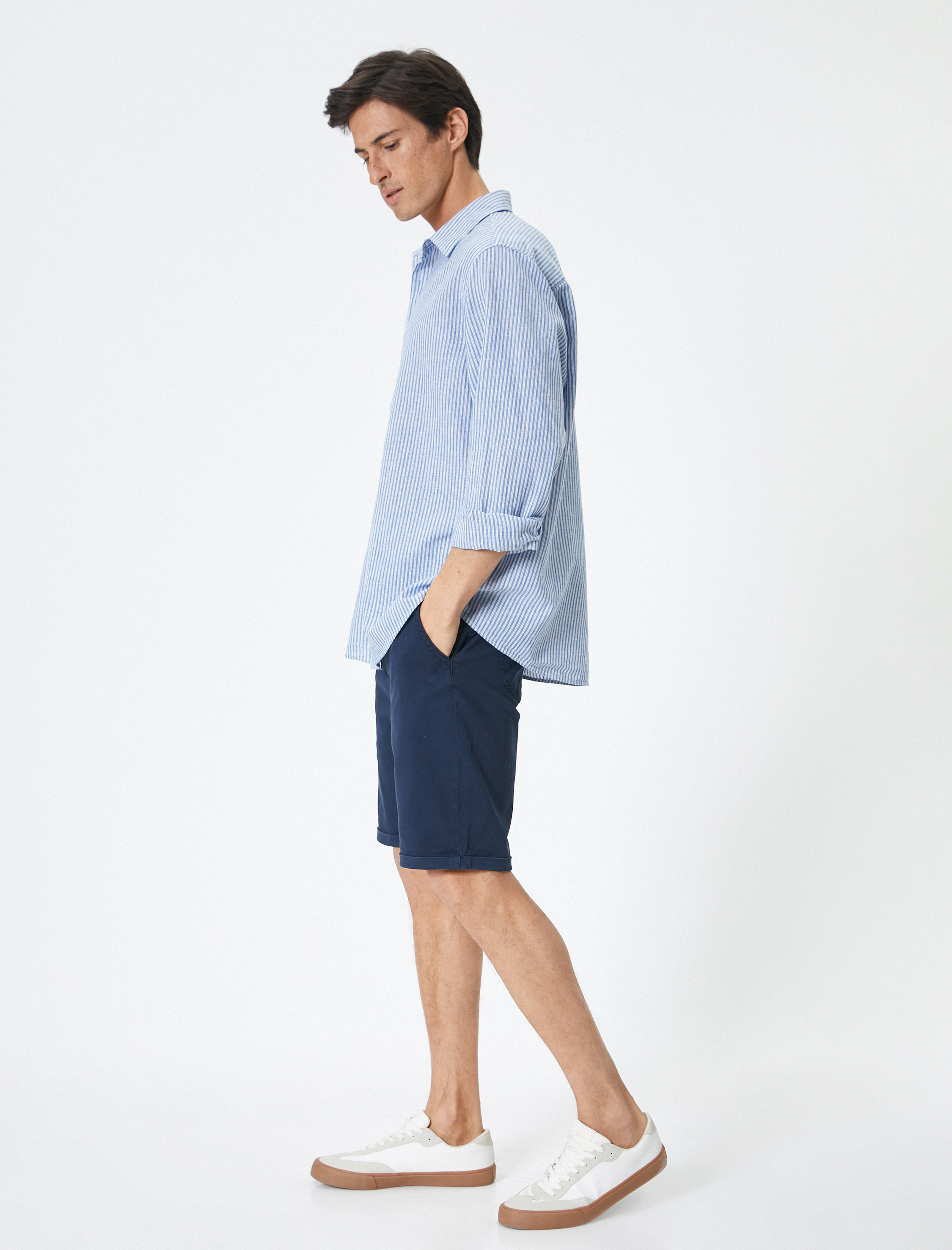   Kumaş Şort Bermuda Chino Slim Fit Düğmeli Cepli Katlı Paça