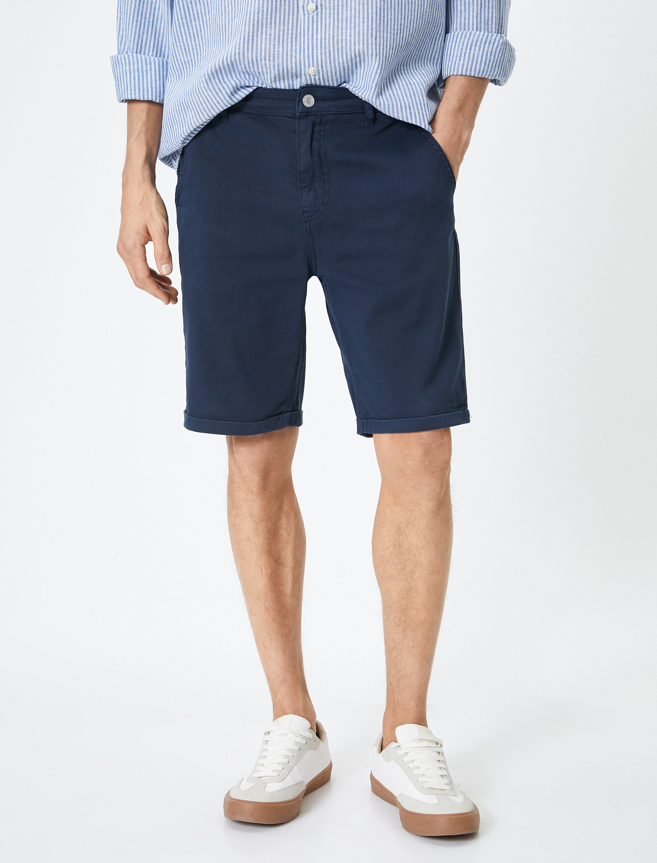   Kumaş Şort Bermuda Chino Slim Fit Düğmeli Cepli Katlı Paça