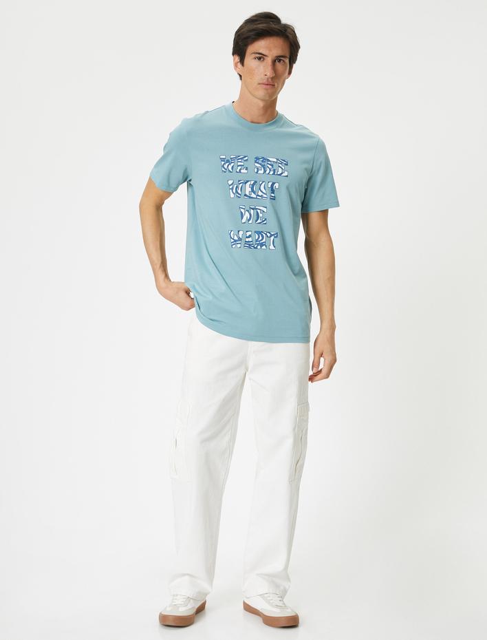  Slogan Baskılı Tişört Bisiklet Yaka Kısa Kollu Pamuklu