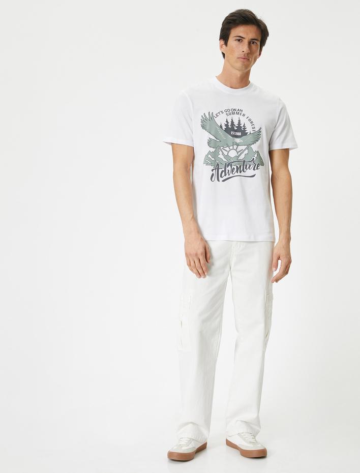  Kolej Baskılı Tişört Bisiklet Yaka Kısa Kollu Pamuklu