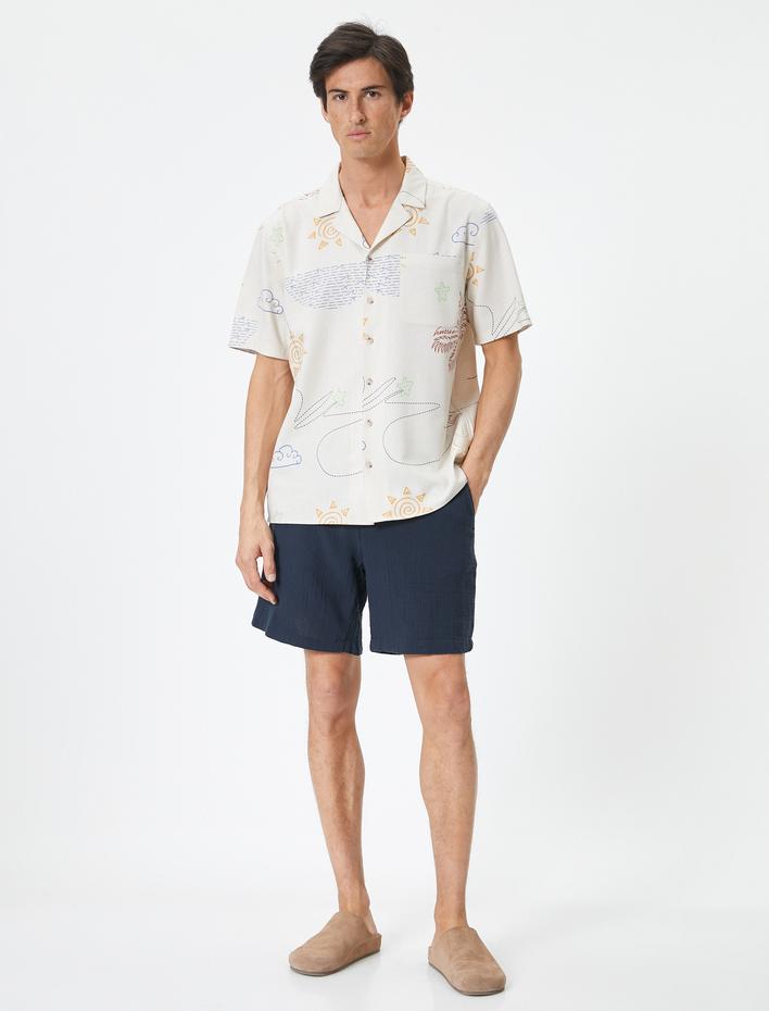  Yazlık Gömlek Desenli Devrik Yaka Cep Detaylı Keten Karışımlı Regular Fit