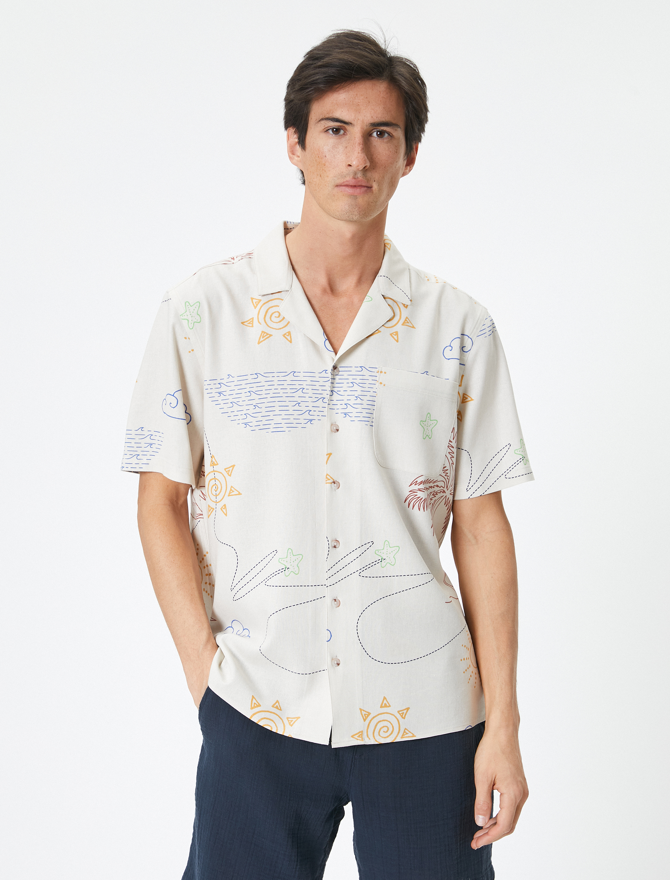   Yazlık Gömlek Desenli Devrik Yaka Cep Detaylı Keten Karışımlı Regular Fit