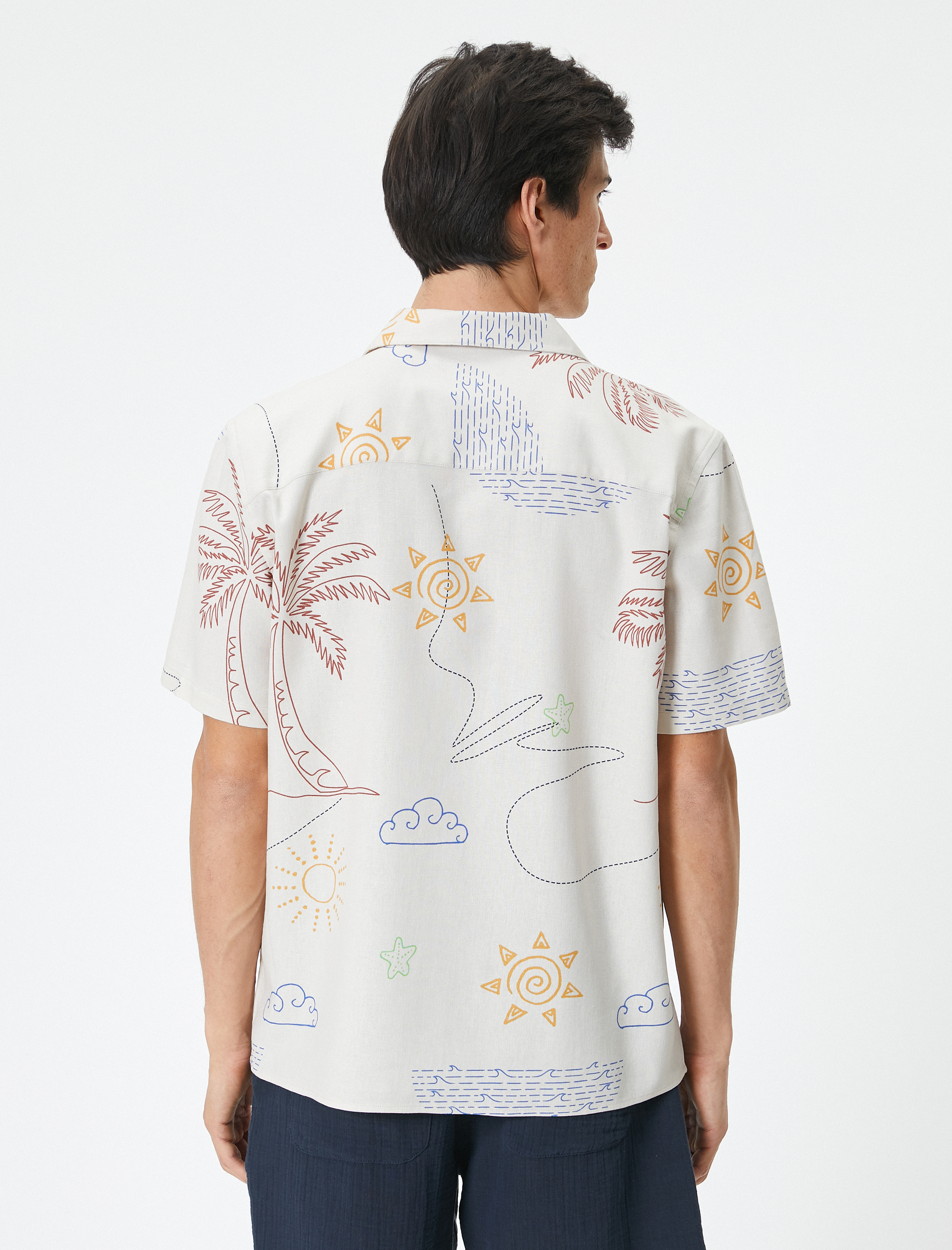   Yazlık Gömlek Desenli Devrik Yaka Cep Detaylı Keten Karışımlı Regular Fit